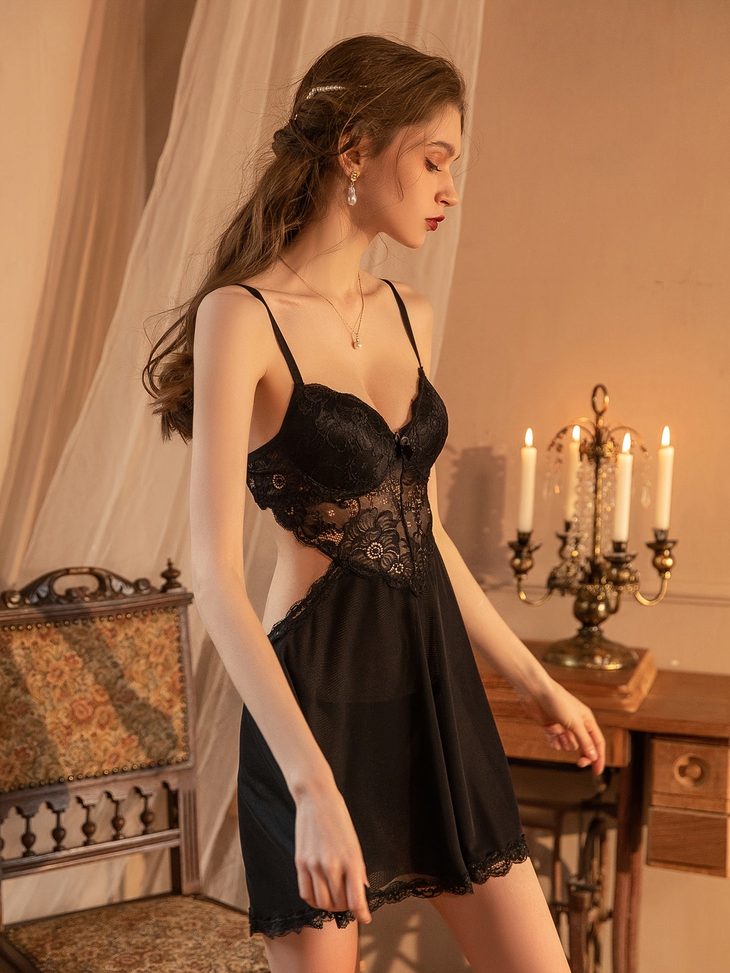Hot Contrast Lace Dress, V Neck Backless Hollow Out Babydoll, /MH