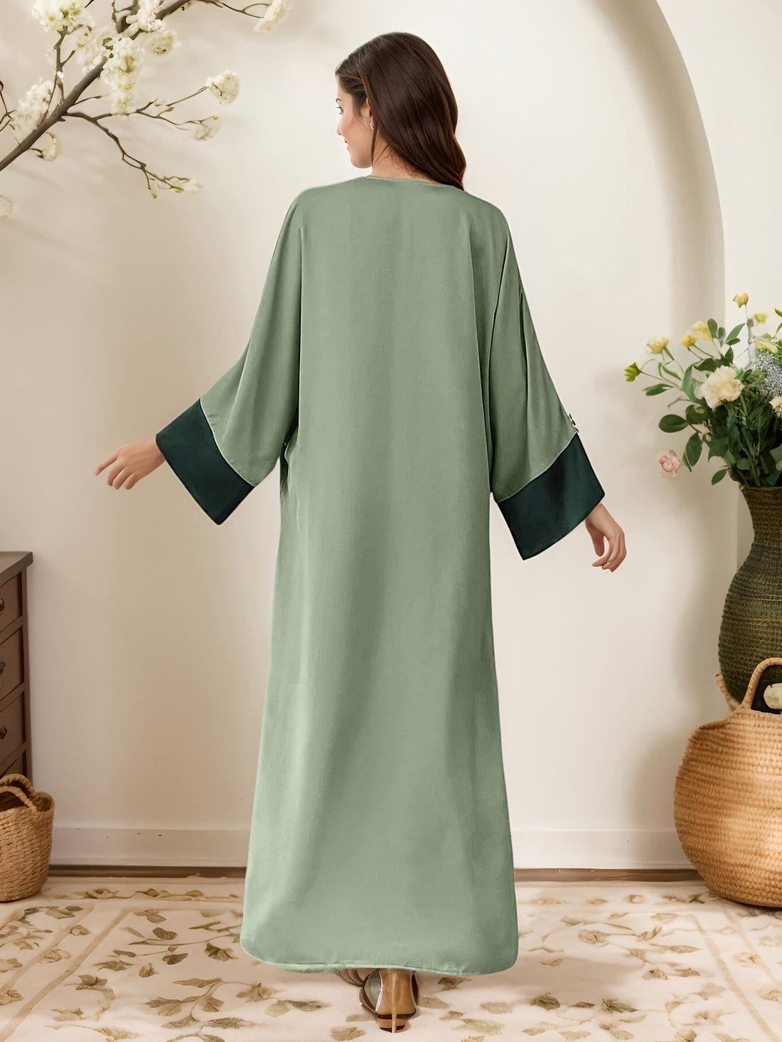 Abaya - Elegant Islamic Dress with V-Neck Button Front, /MH