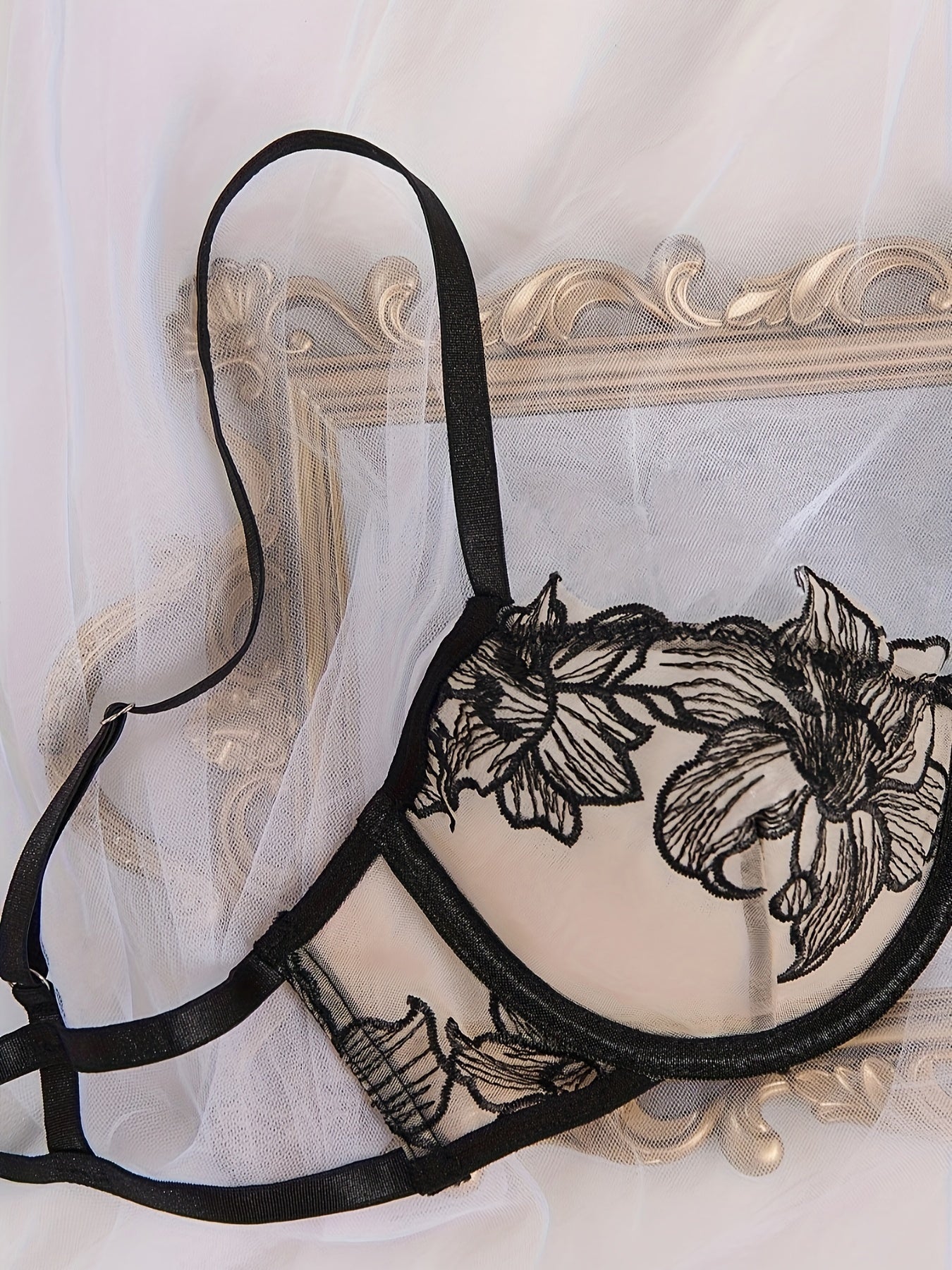 Sexy Floral Embroidery Lace Bra & Panty, Heart Ring Decor Bra'/MH