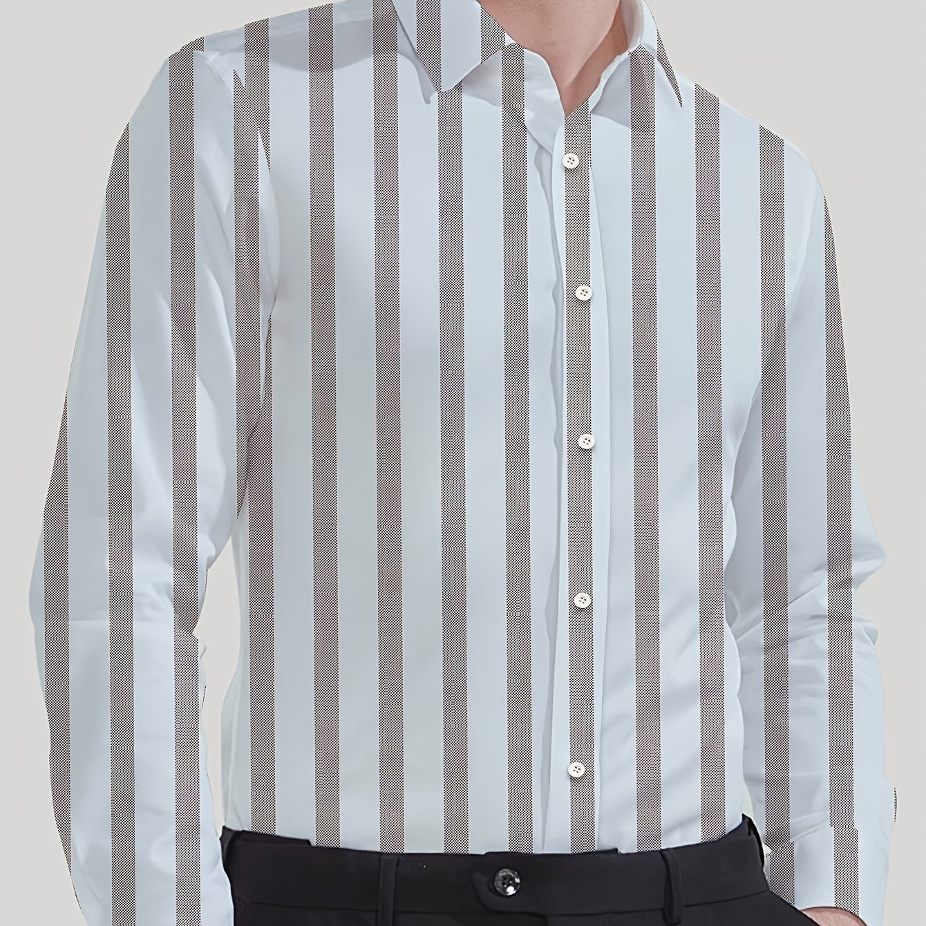 Men's Striped Lapel Collar Dress Shirts, Long Sleeve .