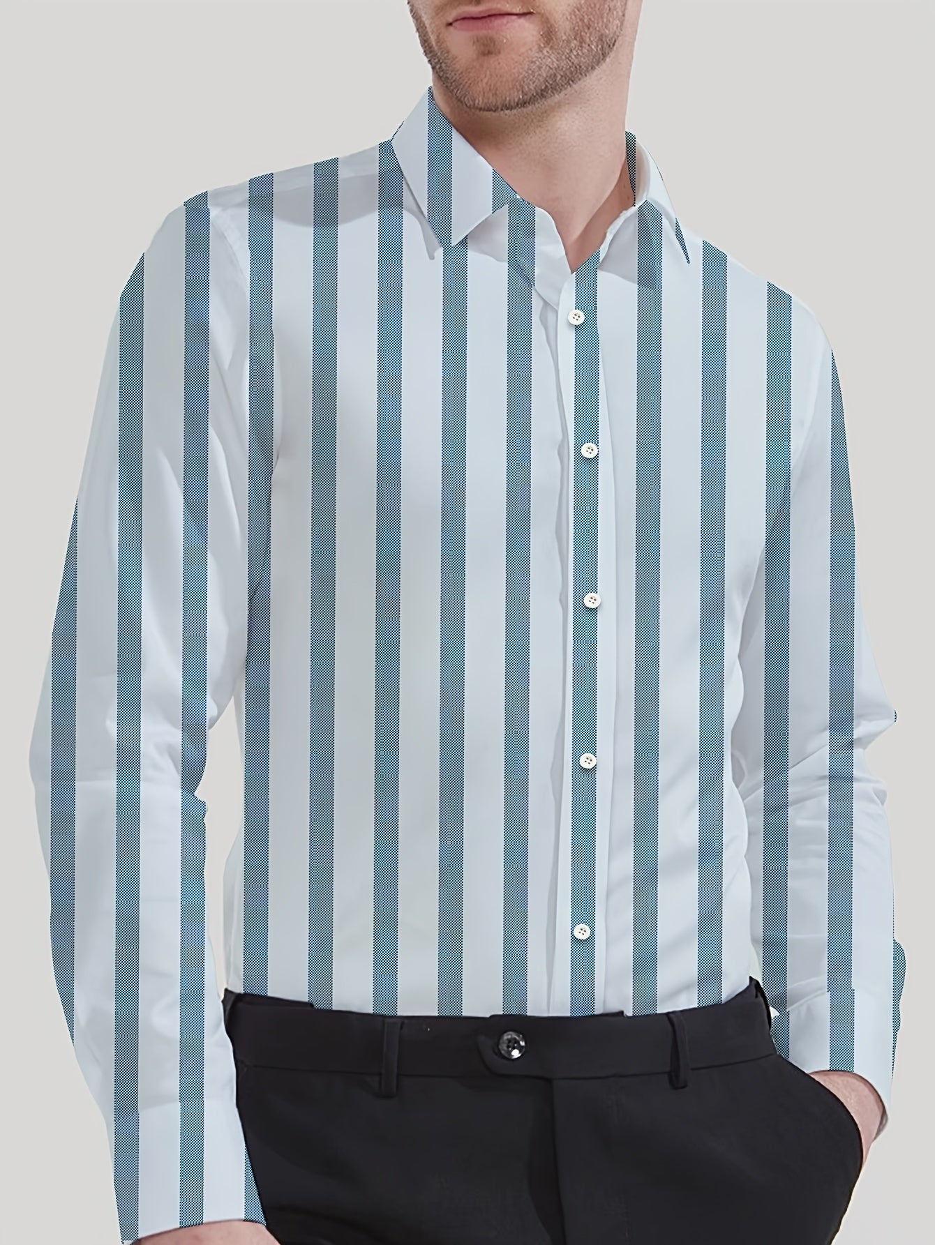 Men's Striped Lapel Collar Dress Shirts, Long Sleeve .