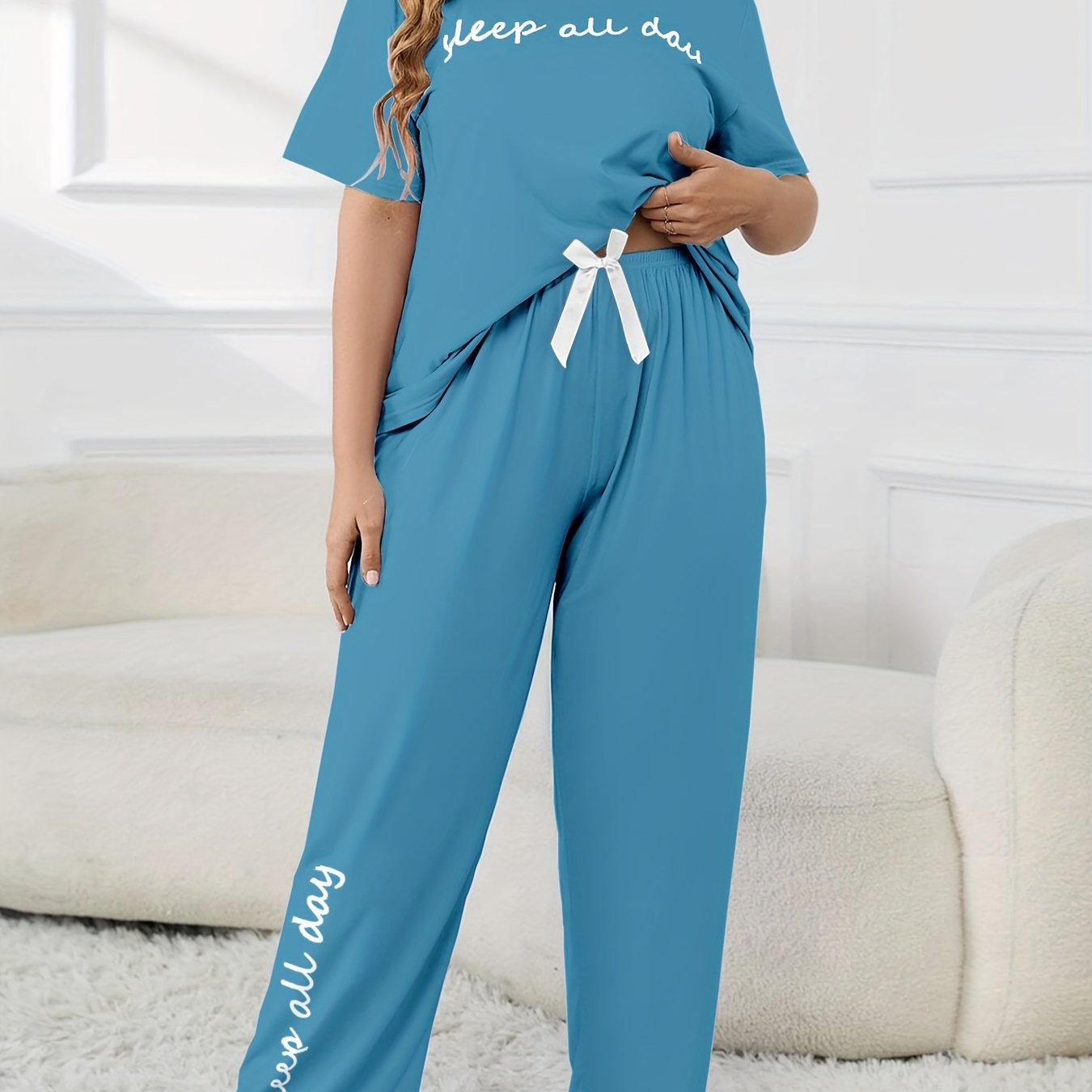Plus Size Women's Cute Pajama Set, Plus Size Letter Print Short Sleeve Top and Pants Casual 2pcs, Plus Size Pajama Sets
