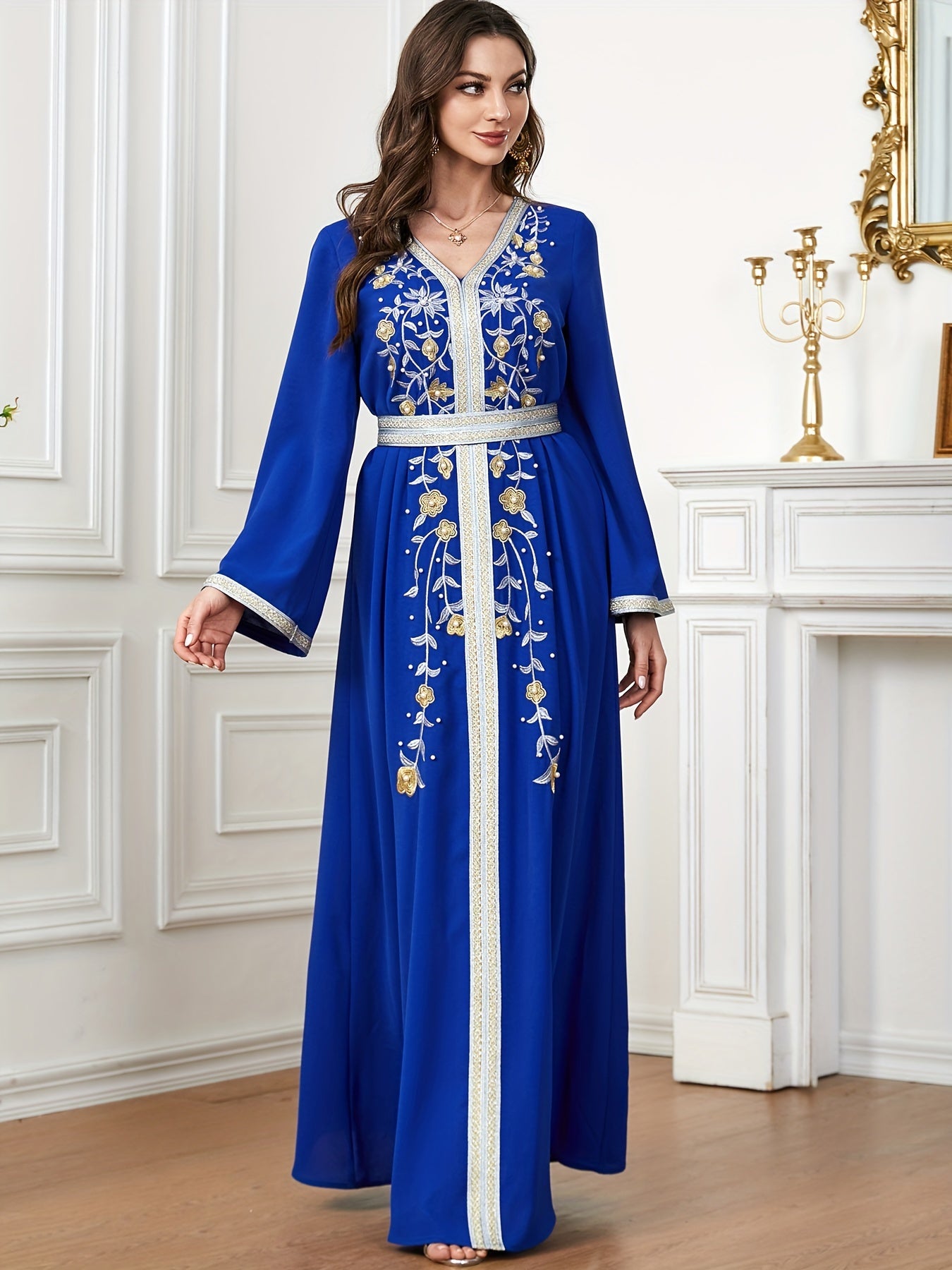 Ramadan Beaded Floral Pattern Kaftan, Elegant Long Sleeve 'MH