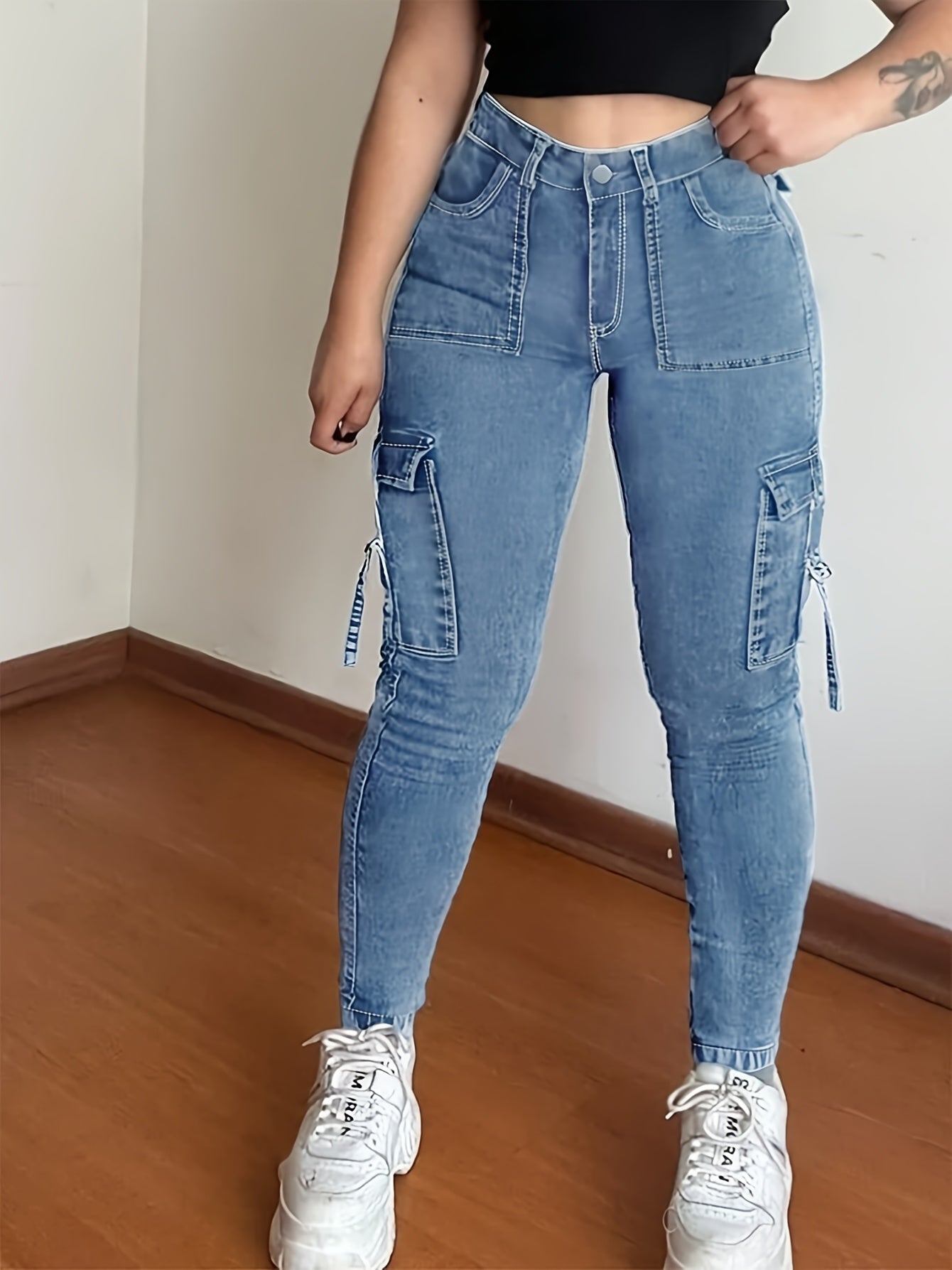 Women's High-Waist Stretchy Black Cargo Pants with Multiple Pockets -/MH