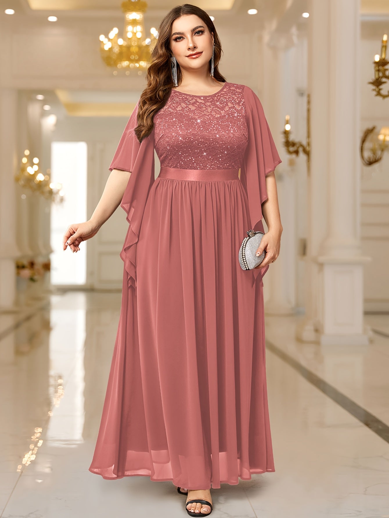 Elegant Plus Size Women's Butterfly Sleeve Sequin Lace Evening Dress .MH