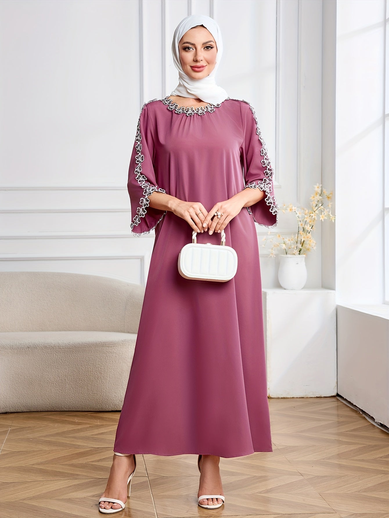 Elegant Long Sleeve Embroidered Kaftan Dress - Round Neck, women fashion'/MH