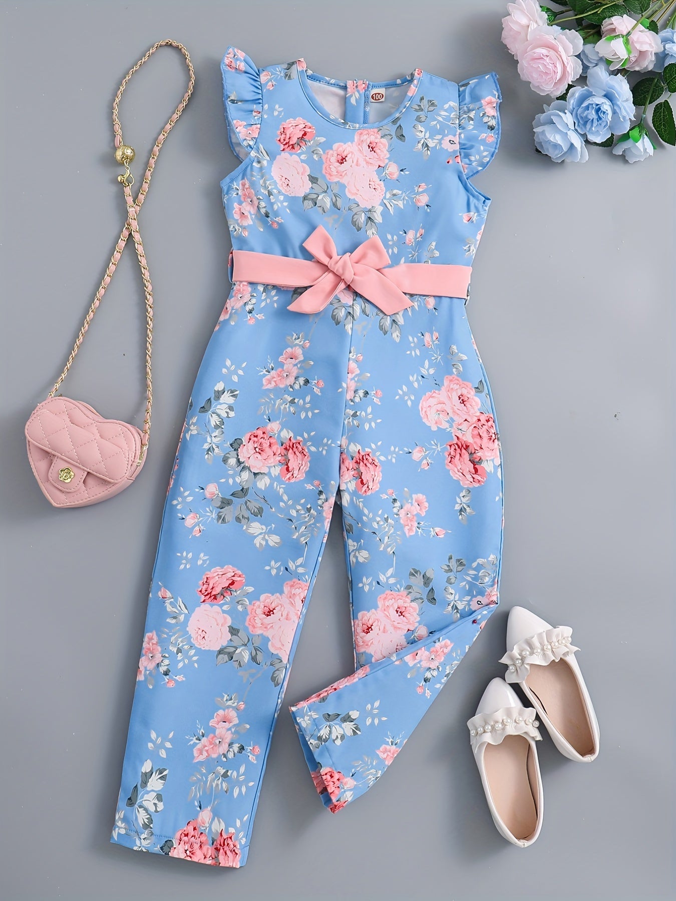 Toddler Girls Flowers Graphic Flutter Sleeve Belted Rompers Wide.