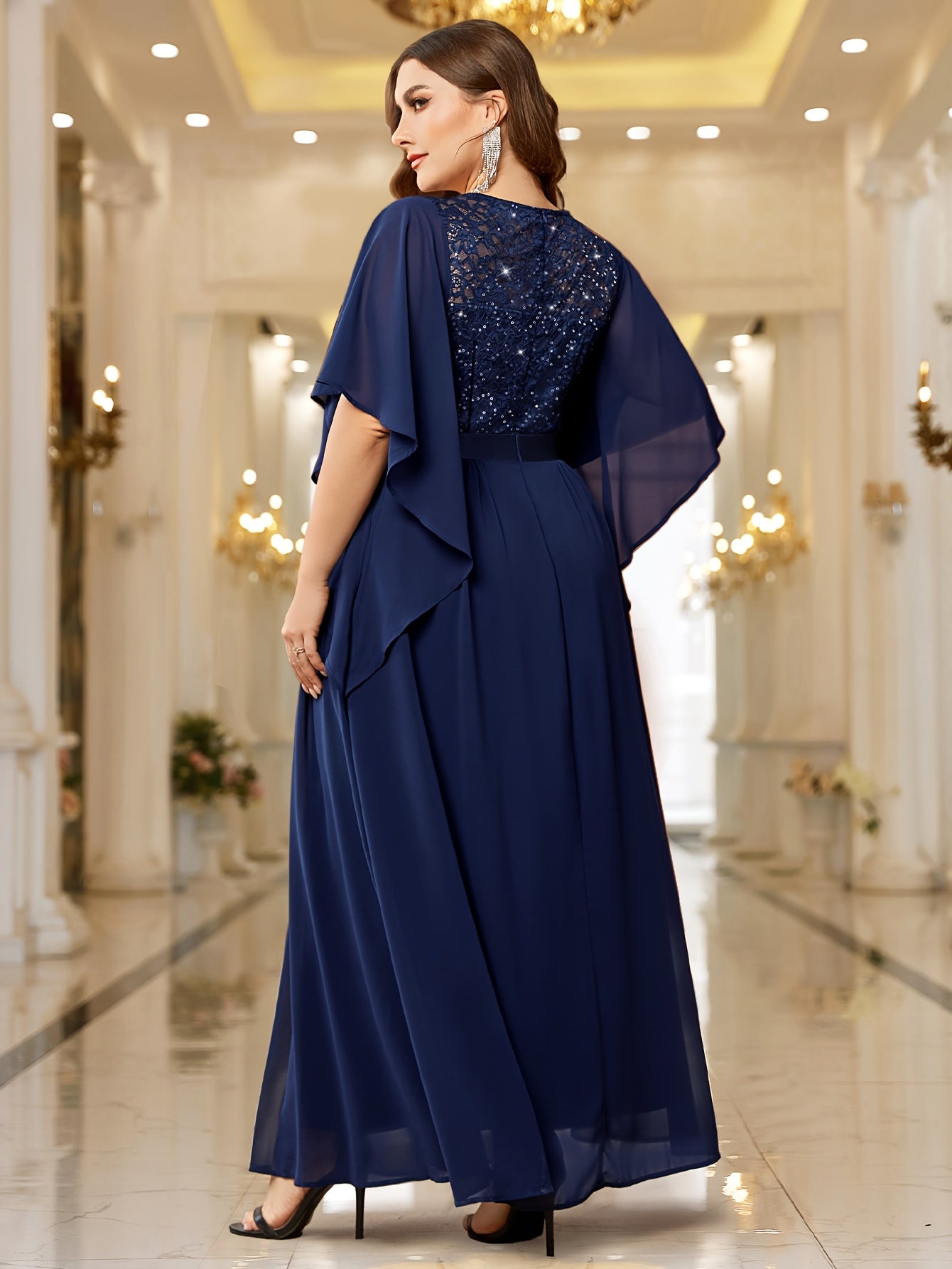Elegant Plus Size Women's Butterfly Sleeve Sequin Lace Evening Dress .MH