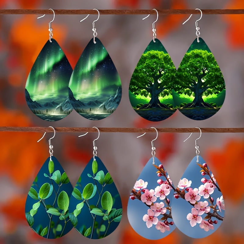 1 Pair Unique Tree of Life Wooden Earrings - Drop & Dangle Jewelry with Waterdrop Design, Flower Pattern, and Leaves Motif - Perfect Gift for Girls and Nature Lovers