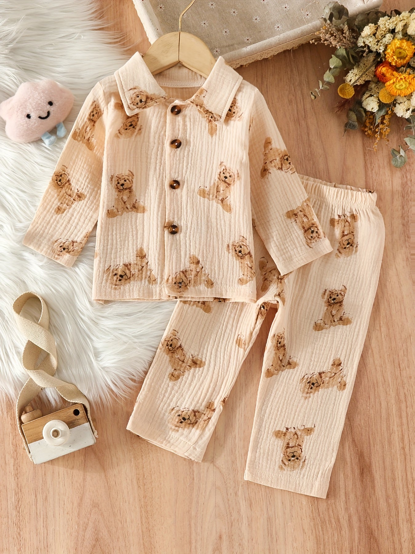 Baby's Cute Cartoon Graphic Pajamas Set Long Sleeve Top & Pants Outfit, Loungewear