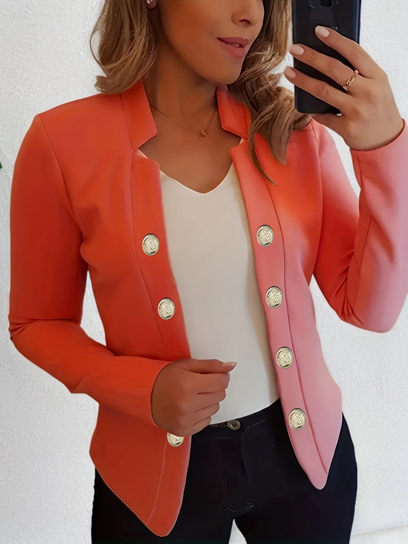 Button Decor Open Front Blazer, Casual Long Sleeve.