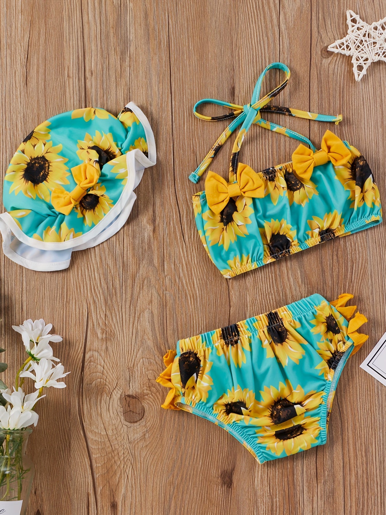 3pcs Baby Girls Bikini Tankini Swimsuit Sunflower Graphic Bow .