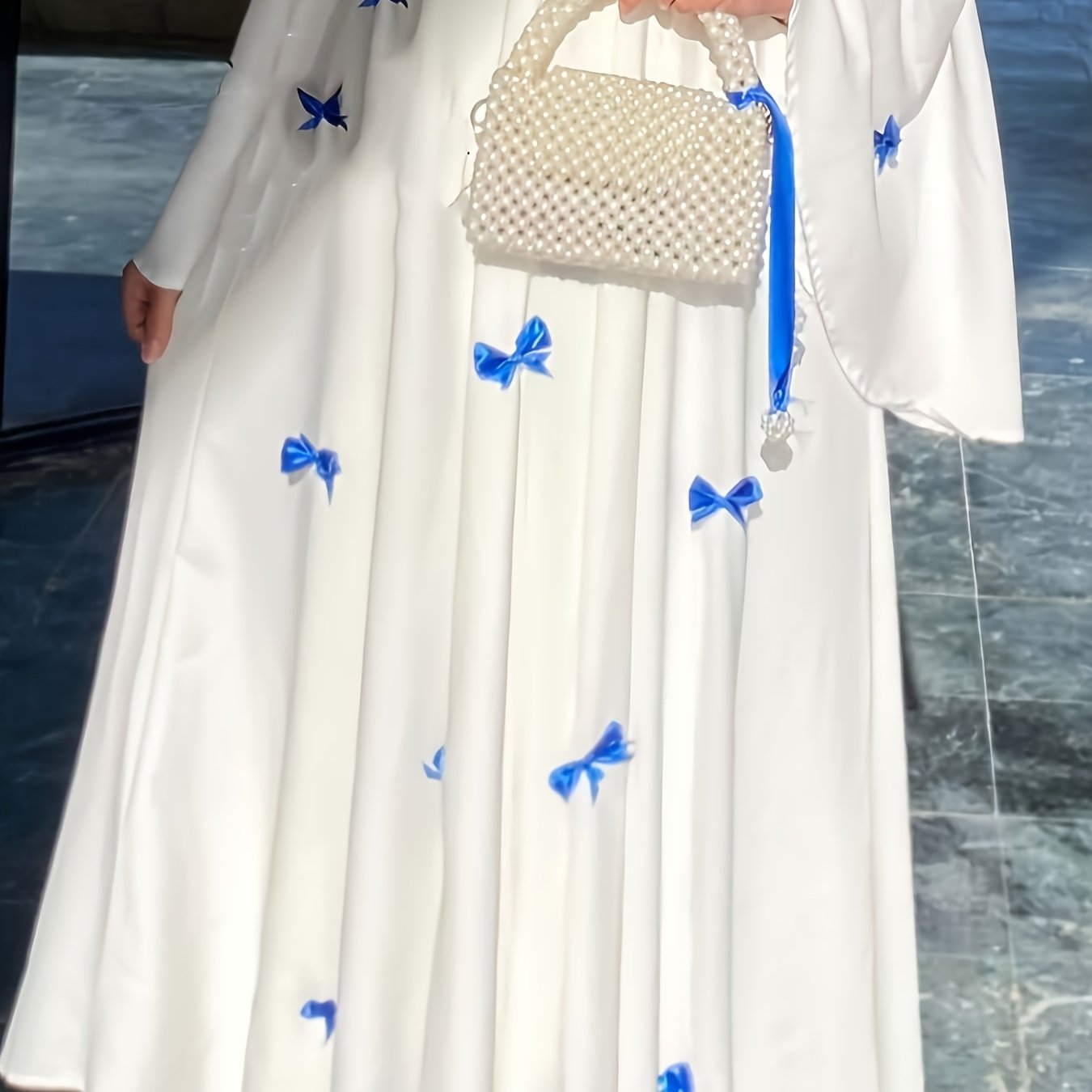 Elegant White Abaya with Blue Bow Accents - ./MH