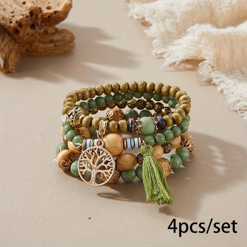 4pcs/set Tree Of Life Pendant Multilayer Beaded Bracelet Round Bead Wooden Bead Bracelet Bohemian Ethnic Jewelry Accessories Handmade -A Stylish Accessory, Father's Day Gift