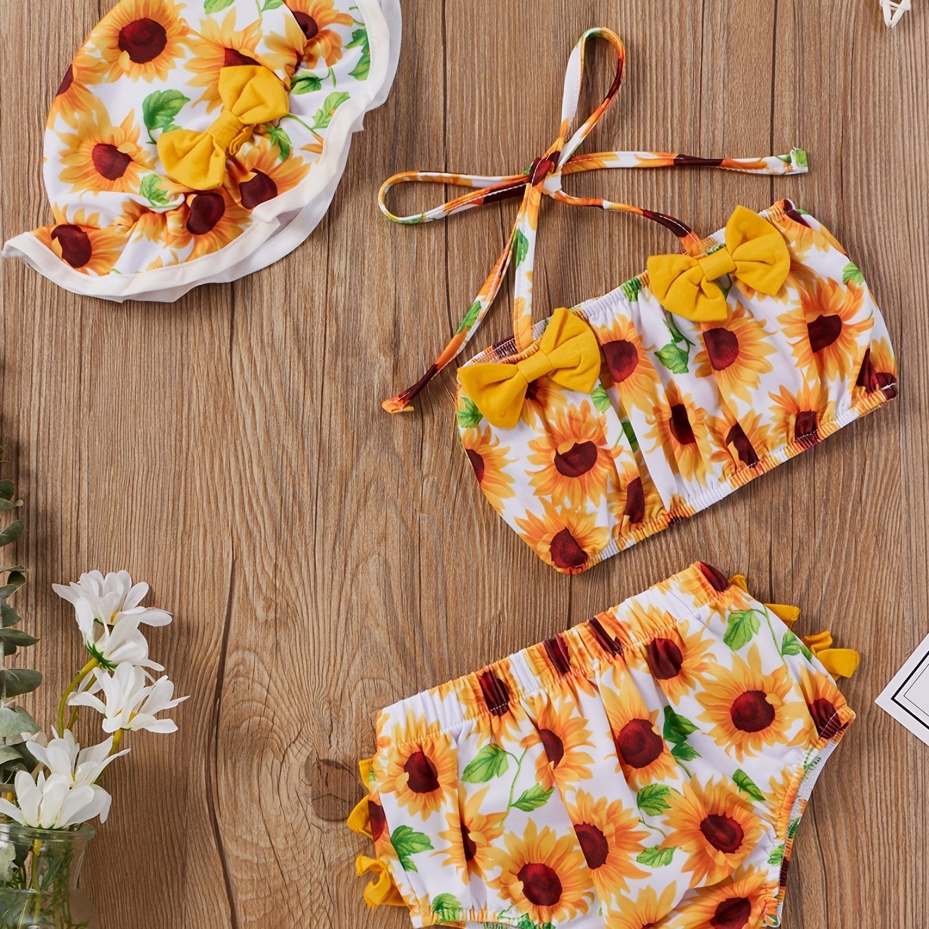 3pcs Baby Girls Bikini Tankini Swimsuit Sunflower Graphic Bow .