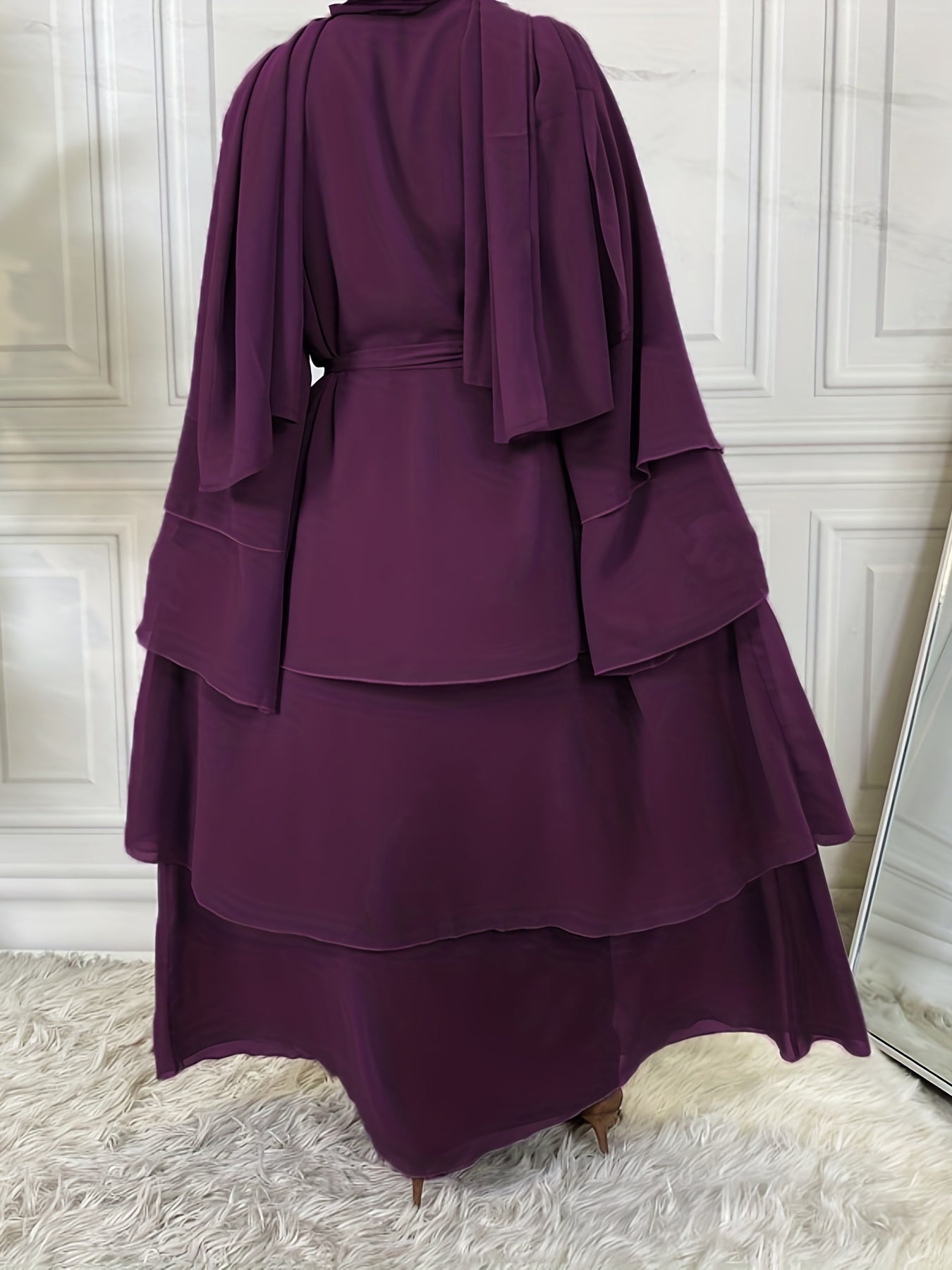 Layered Open Front Modest Dress, Long Sleeve Muslim Dress'/MH