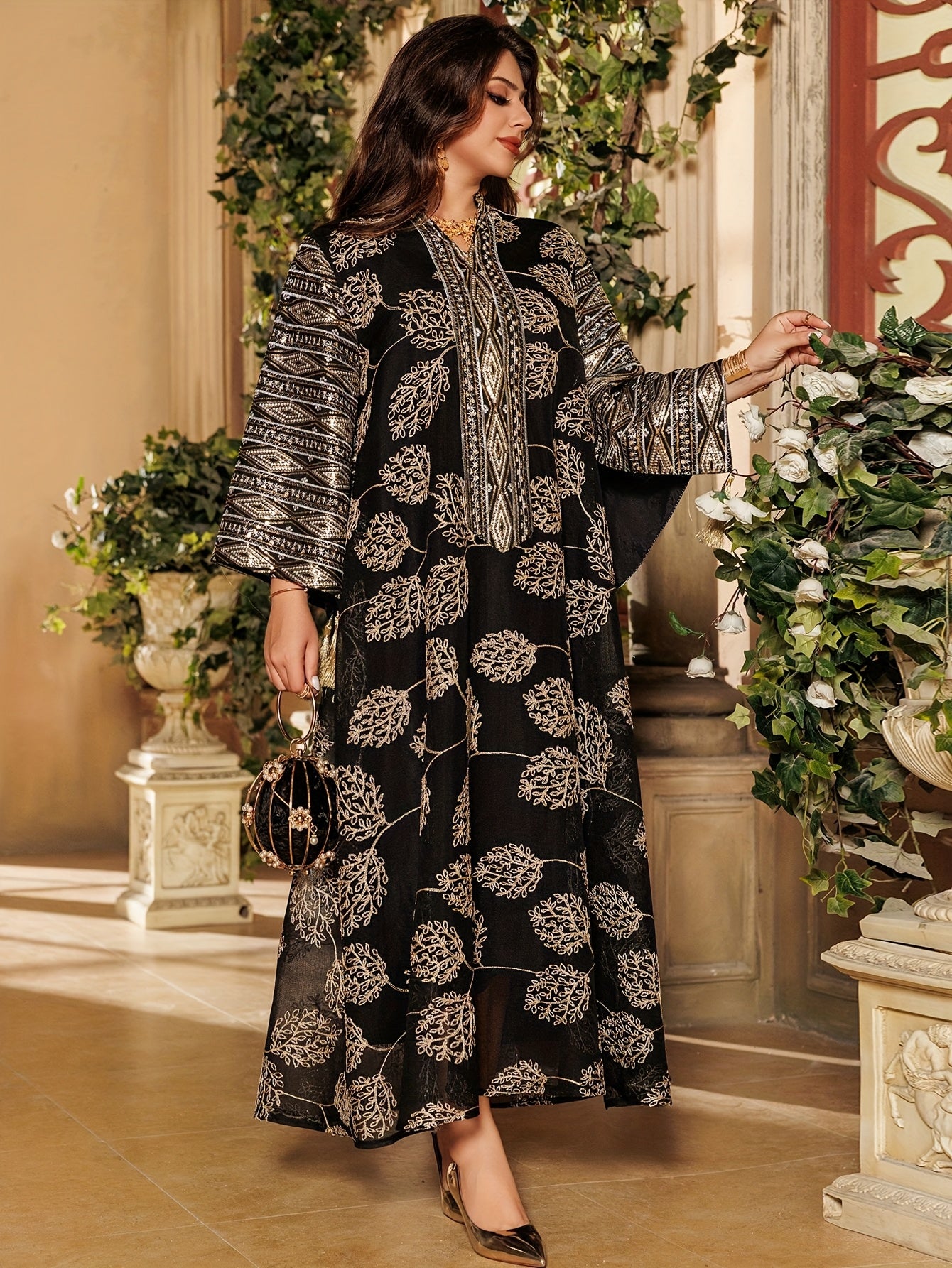 Elegant Black & Golden Decorated Kaftan for Women - ./MH