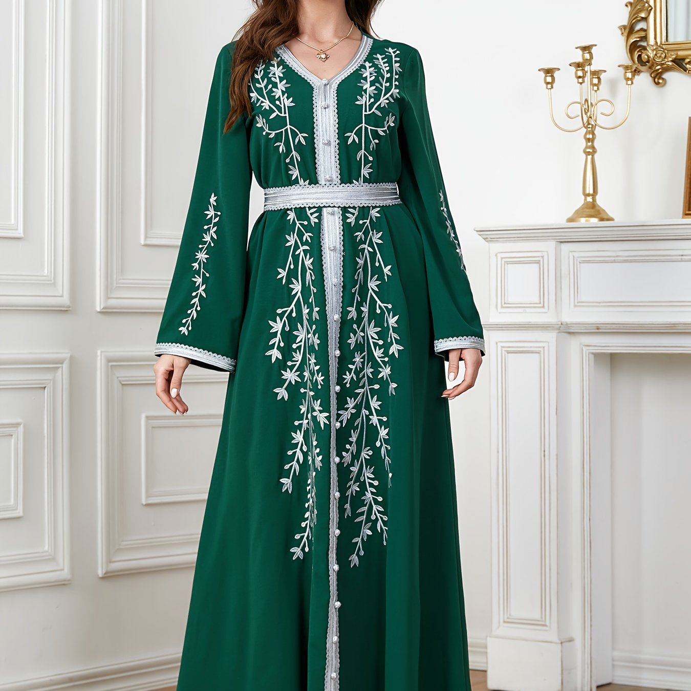 Floral Pattern Kaftan Dress, Elegant V Neck '/MH