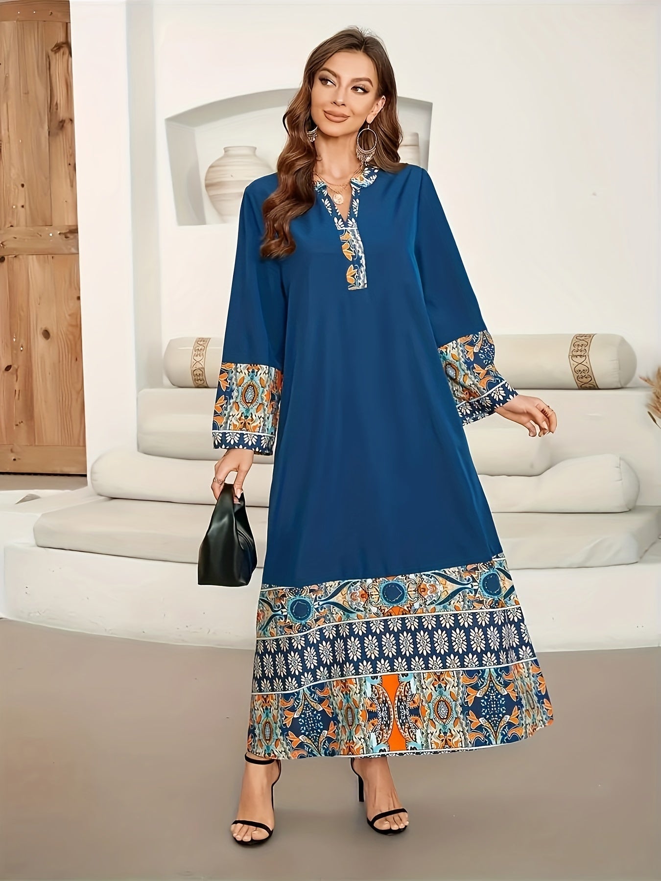 Paisley Print V-neck Kaftan Dress, Elegant Long Sleeve '/MH