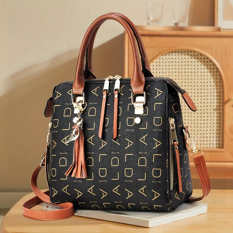 Letter Print Handbag, Tassel Decor Square Crossbody Bag,