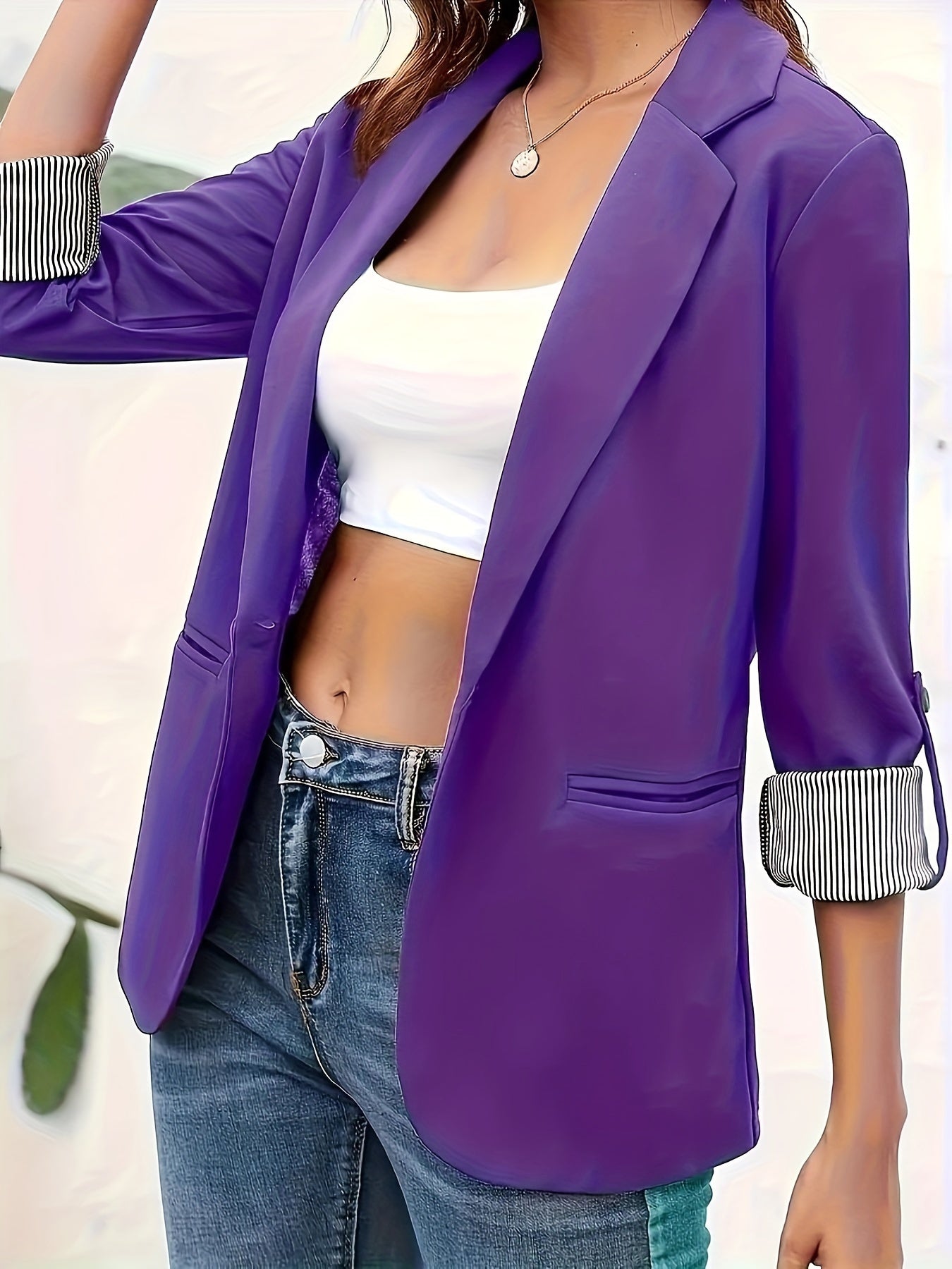 Solid Color Open Front Blazer, Elegant Lapel Neck Single Button.