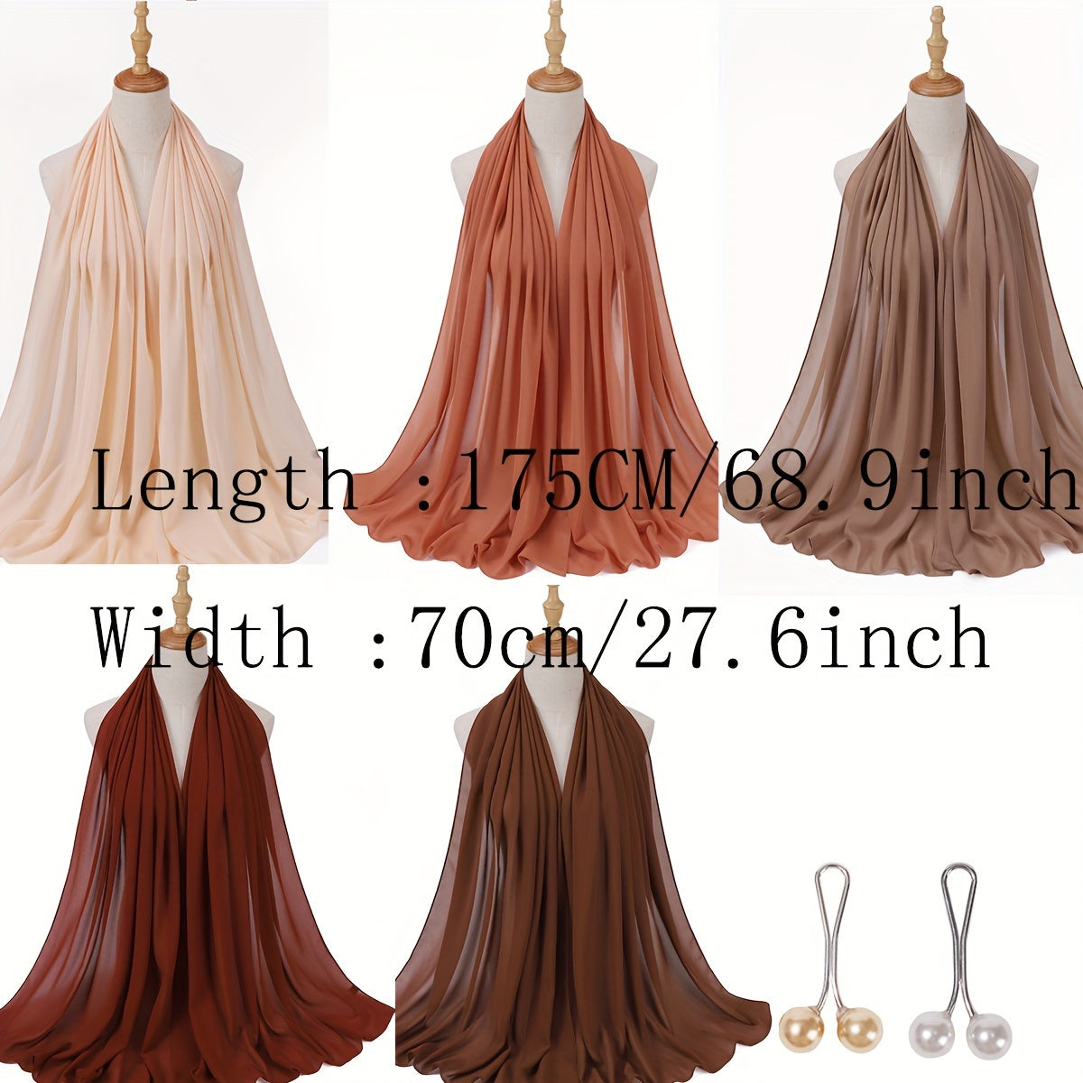1box Solid Color Chiffon Hijab And Hijab Pins Thin Breathable Sunscreen Scarves'/MH
