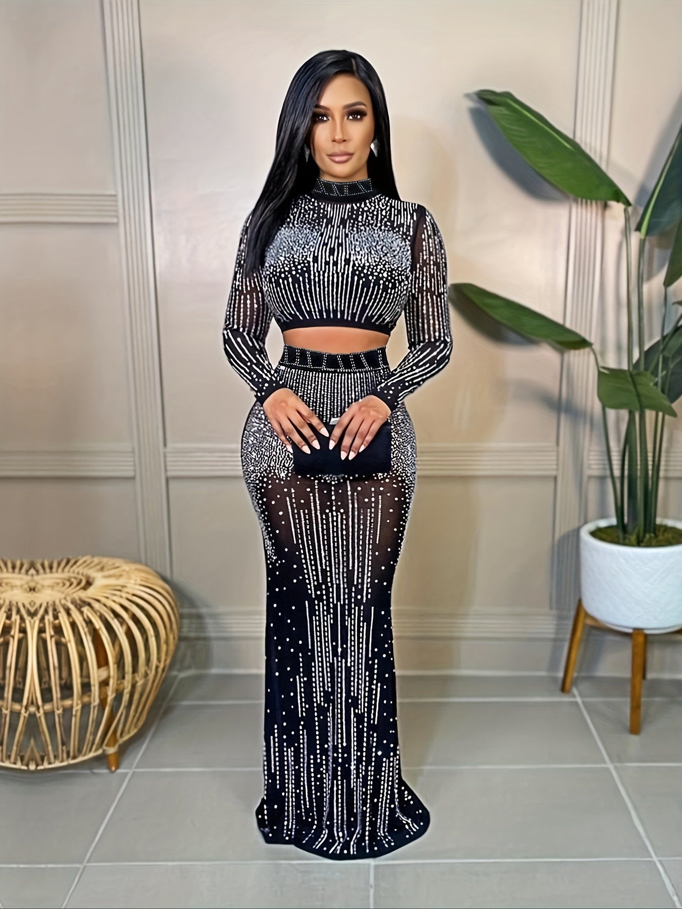 Party Rhinestone Two-piece Set, Bodycon Crop Top.