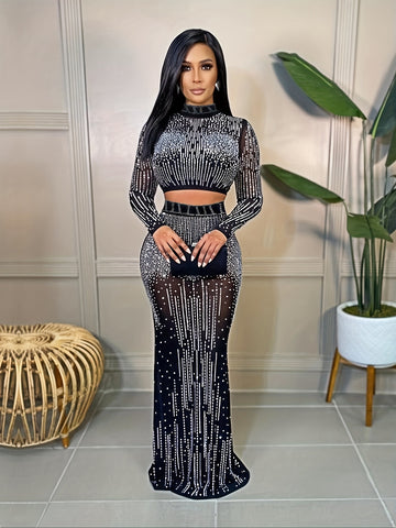 Party Rhinestone Two-piece Set, Bodycon Crop Top.