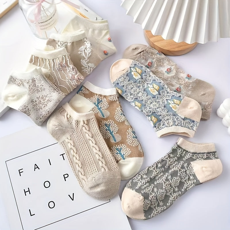 9 Pairs Vibrant Floral Print Low Cut Ankle Socks - Women's ./MH
