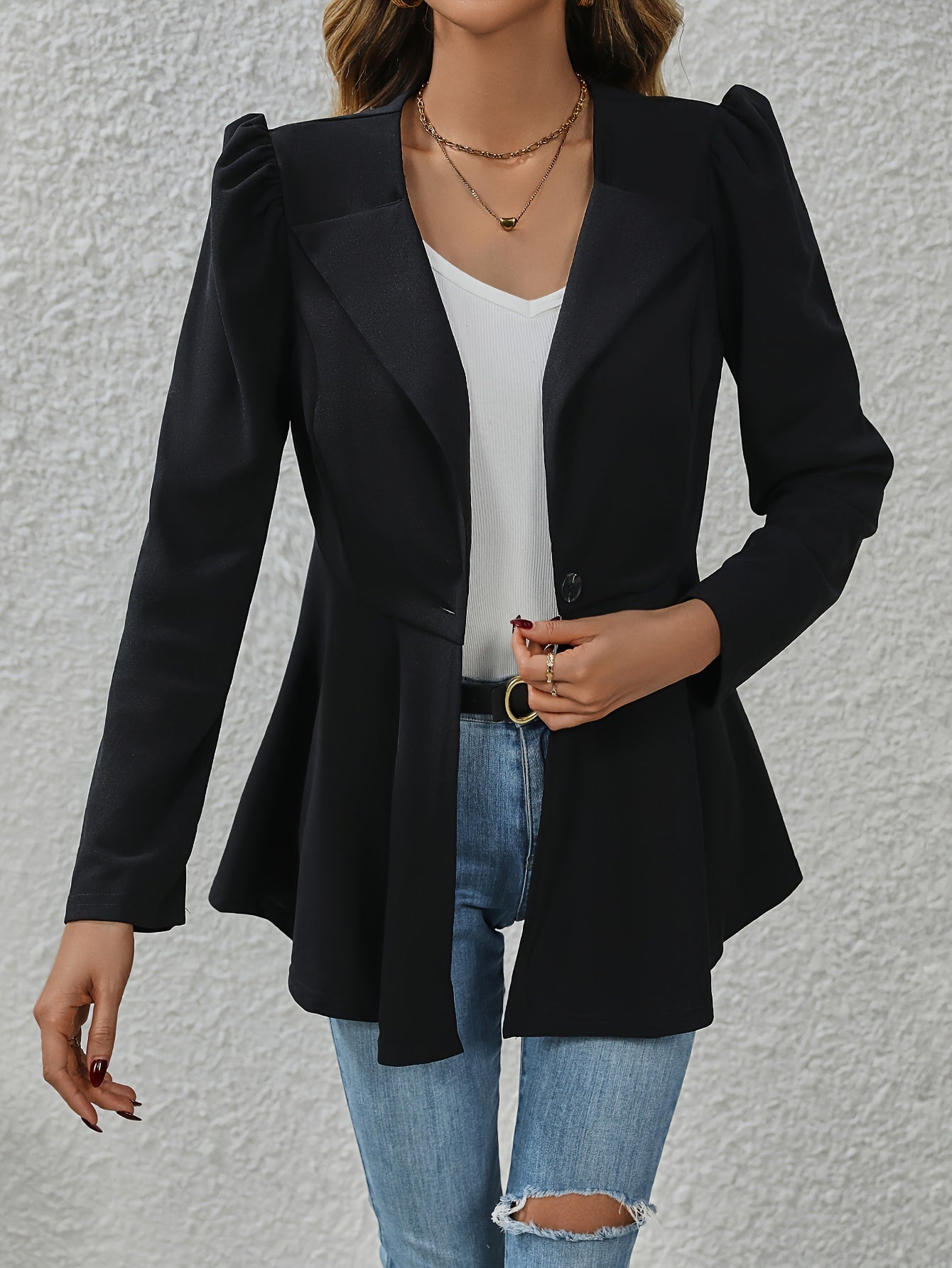 Notched Collar Flare Blazer, Elegant Long Sleeve Button Front Coat,