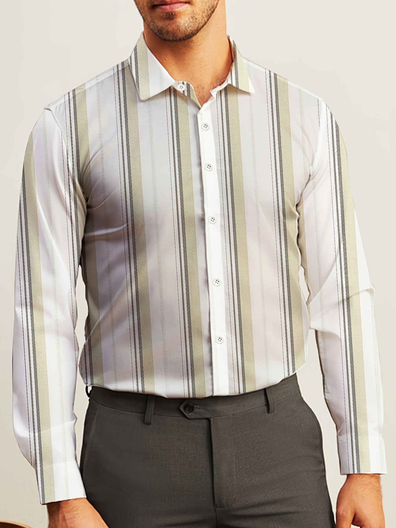 Men's Striped Lapel Collar Dress Shirts, Long Sleeve .