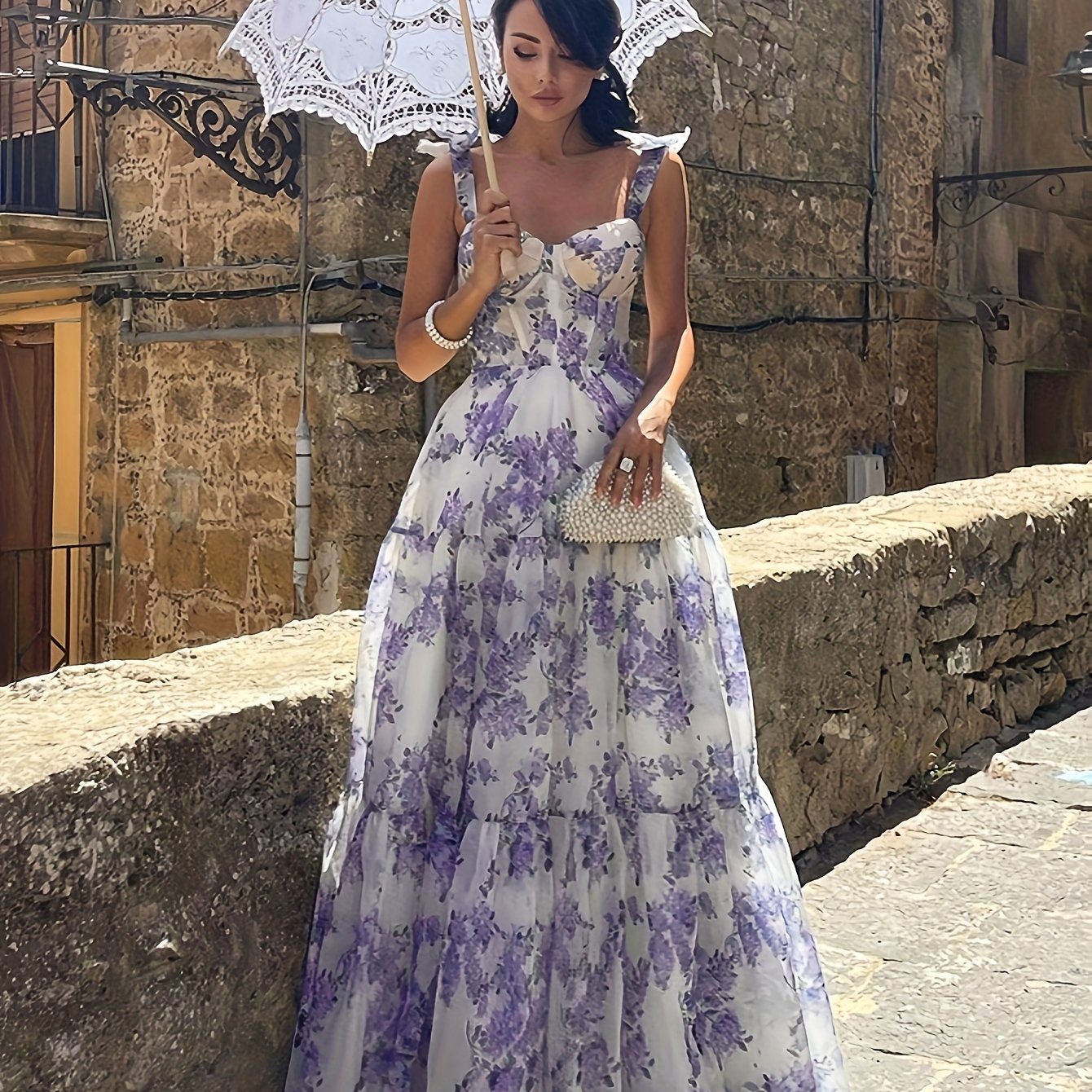 Elegant French Floral Off-Shoulder Long Dress - /MH