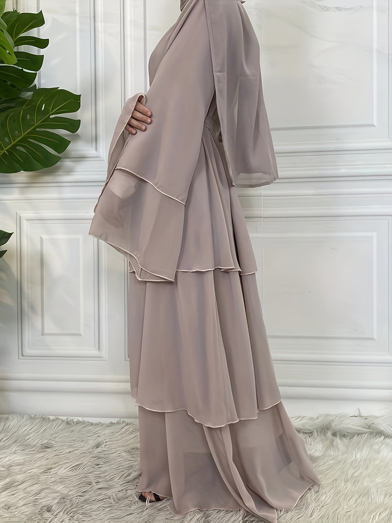Layered Open Front Modest Dress, Long Sleeve Muslim Dress'/MH