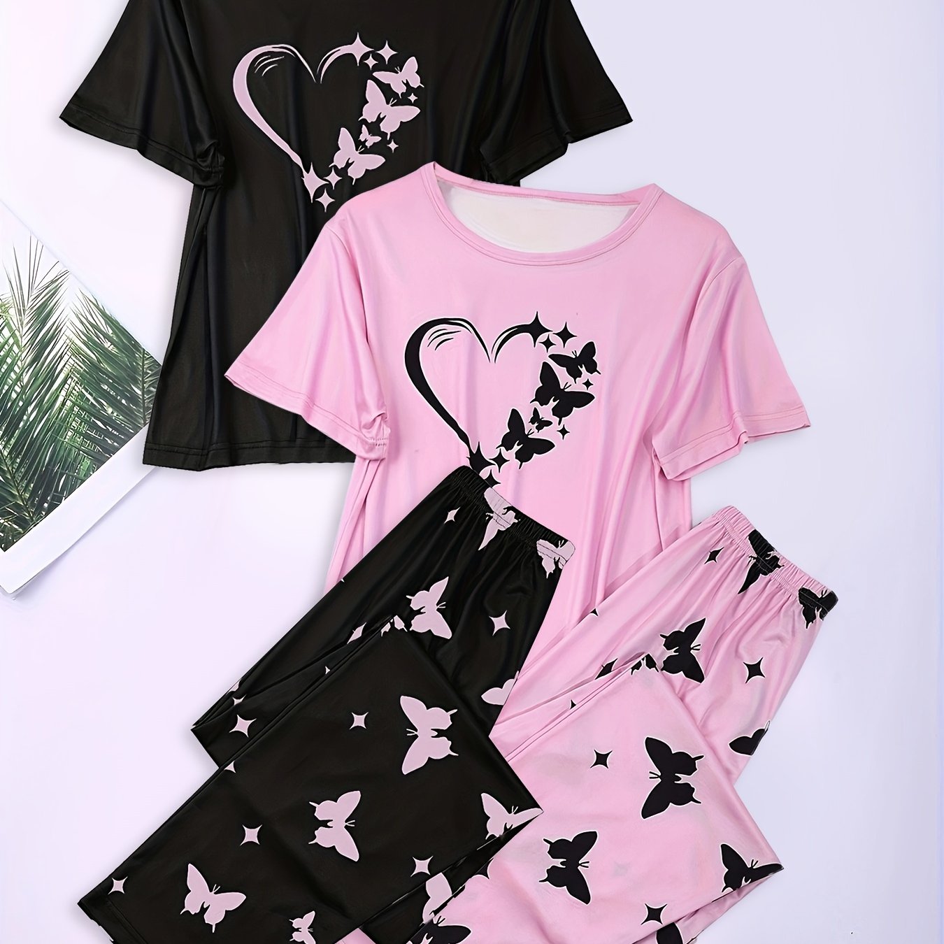 2 Sets Heart Print Pajamas Set, Short Sleeve Crew Neck Top & Butterfly Print Pants, Women's Sleepwear & Loungewear