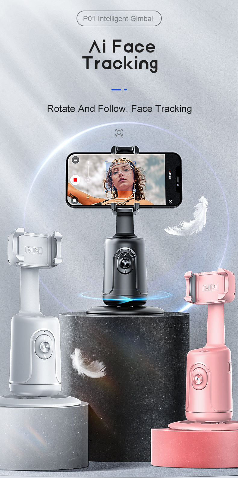 Auto Face Tracking Tripod, No App Required, 360° Rotation .