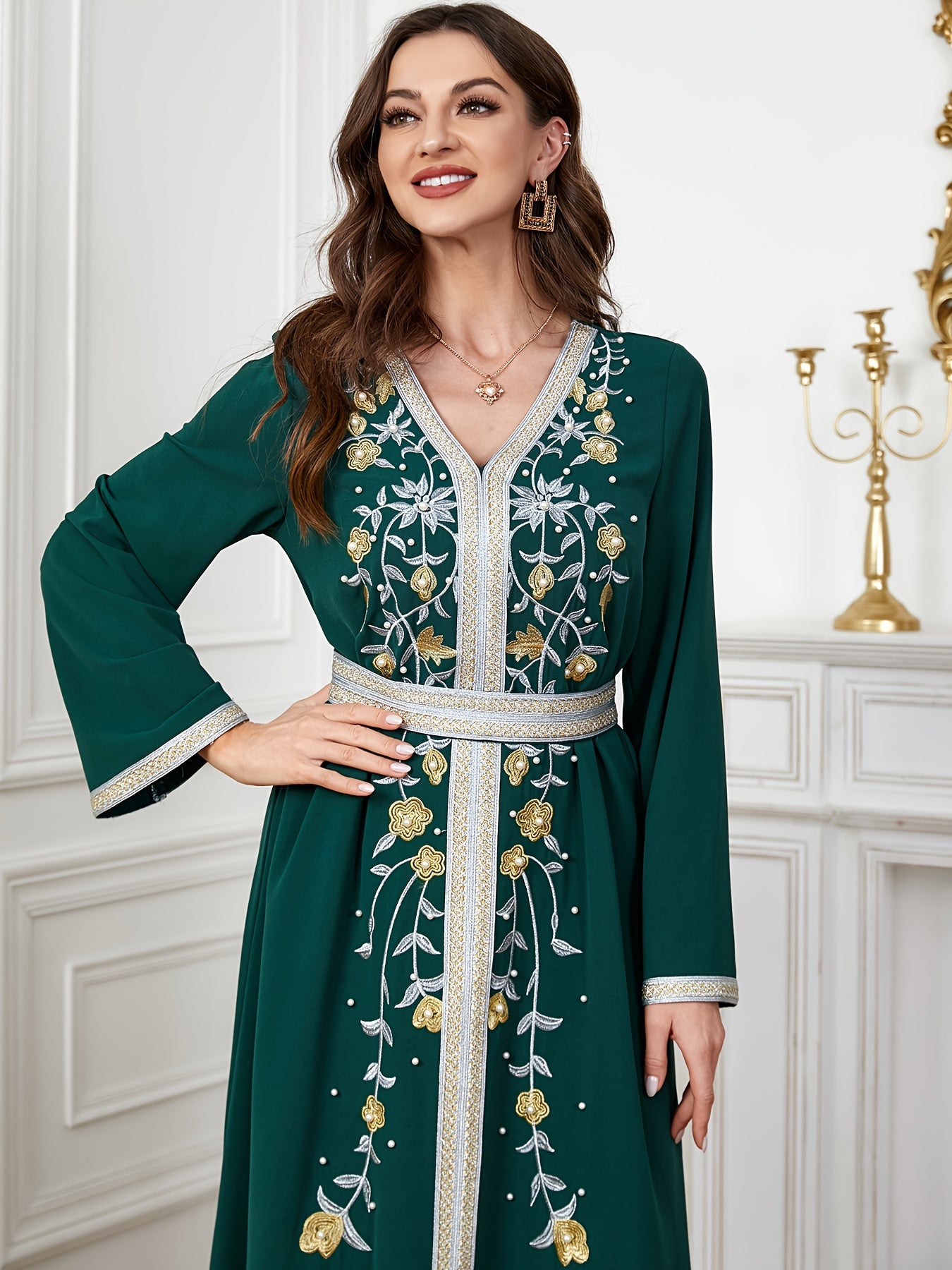 Ramadan Beaded Floral Pattern Kaftan, Elegant Long Sleeve 'MH