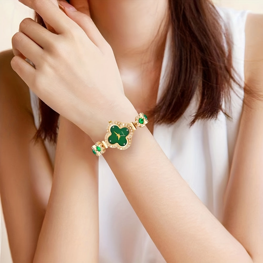 Clover Pointer Quartz Watch - Elegant Baroque Rhinestone Analog Wrist Watch with 4pcs Jewelry Set, Perfect Gift for Mom, Her, or Yourself, Ideal for Any Occasion