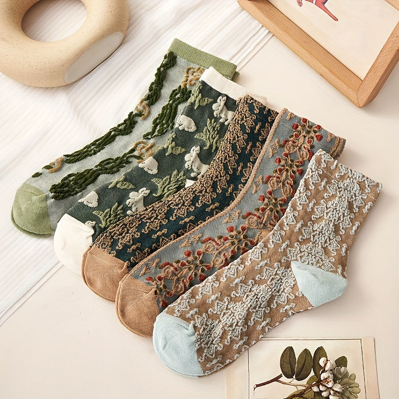 5 Pairs Floral Print Socks, Comfy & Cute Mid Tube Socks, /MH