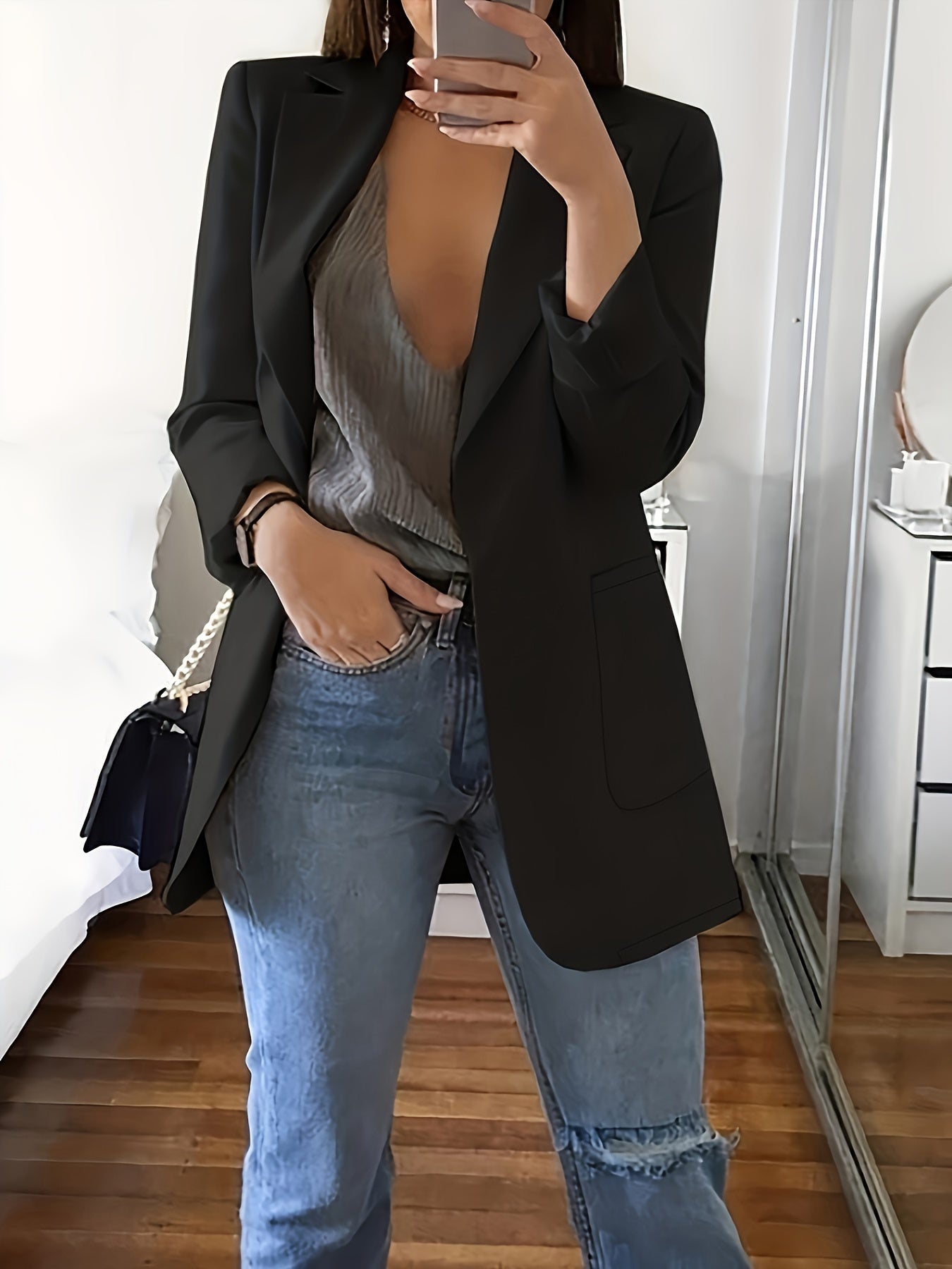 Solid Open Front Blazer, Elegant Lapel Long Sleeve Blazer.