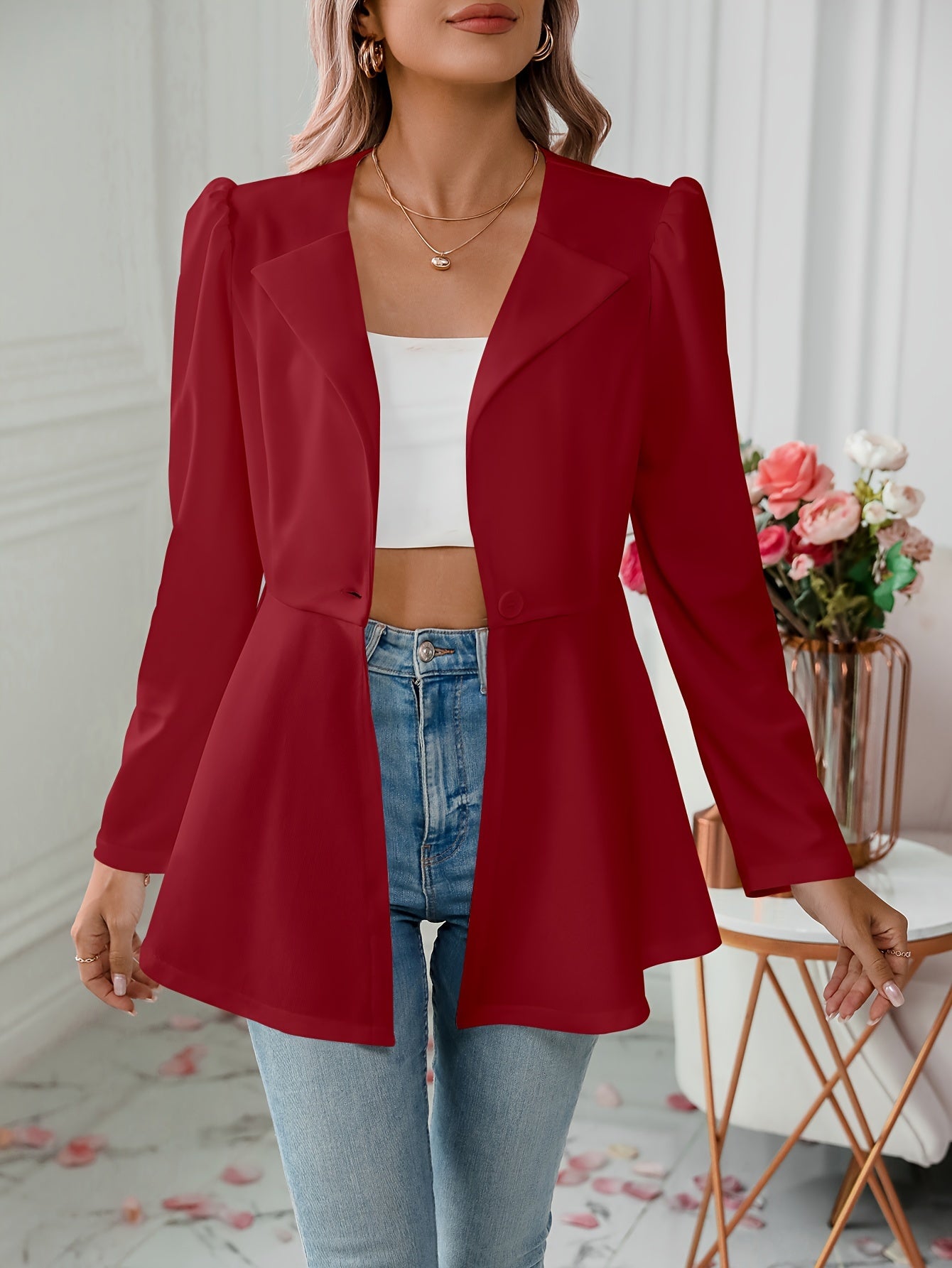 Notched Collar Flare Blazer, Elegant Long Sleeve Button Front Coat,