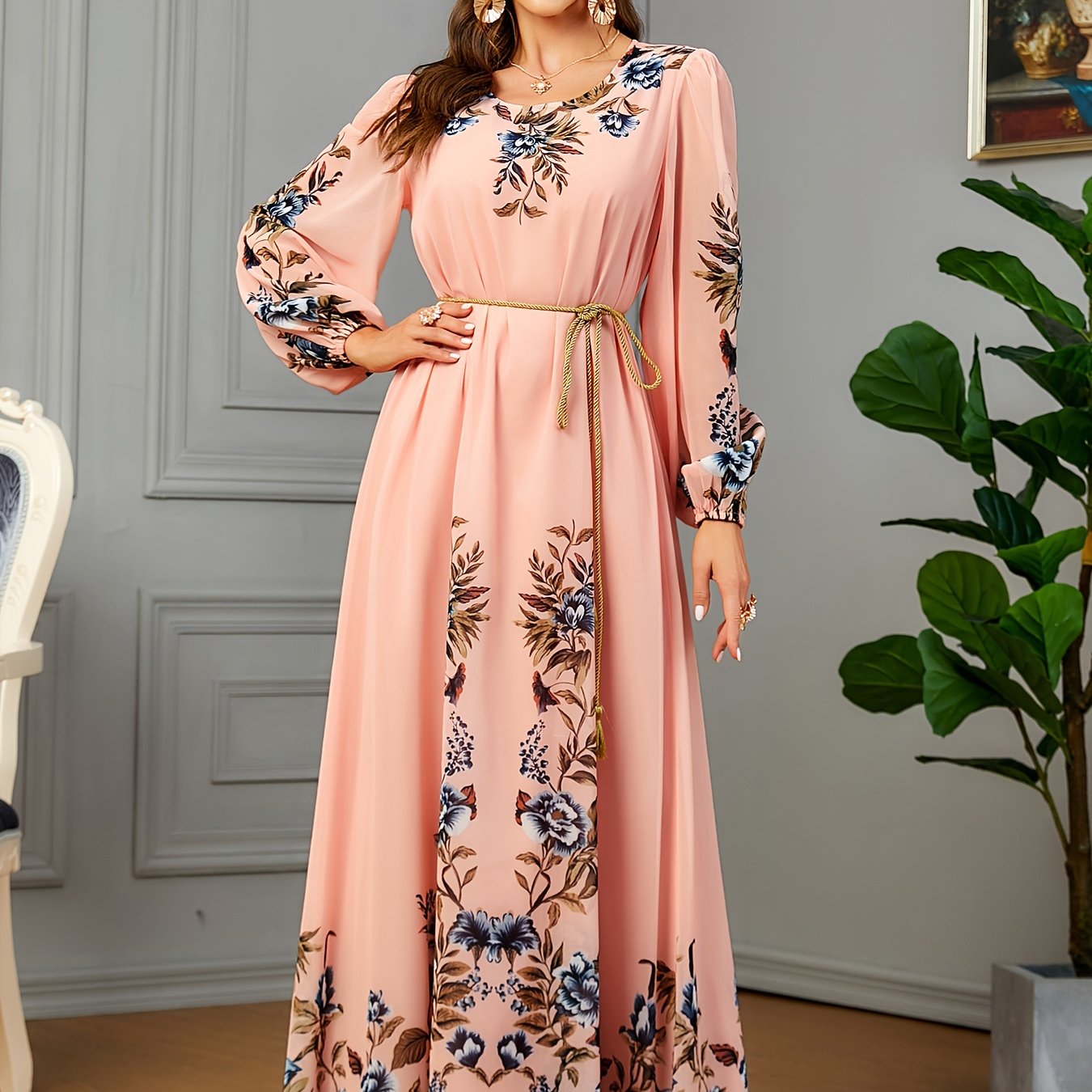 Floral Print Long Sleeve Kaftan Dress, women fashion'/MH