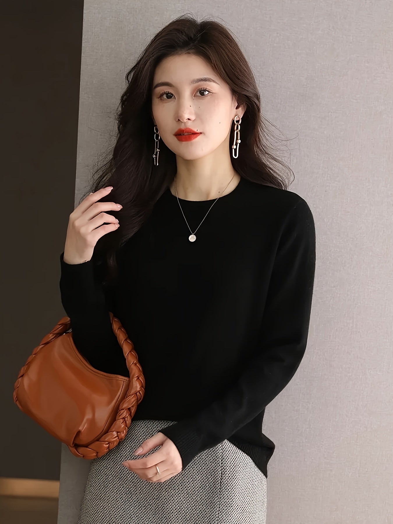 1pc Women'S 100% Wool Crew Neck Long Sleeve Knit Sweater,