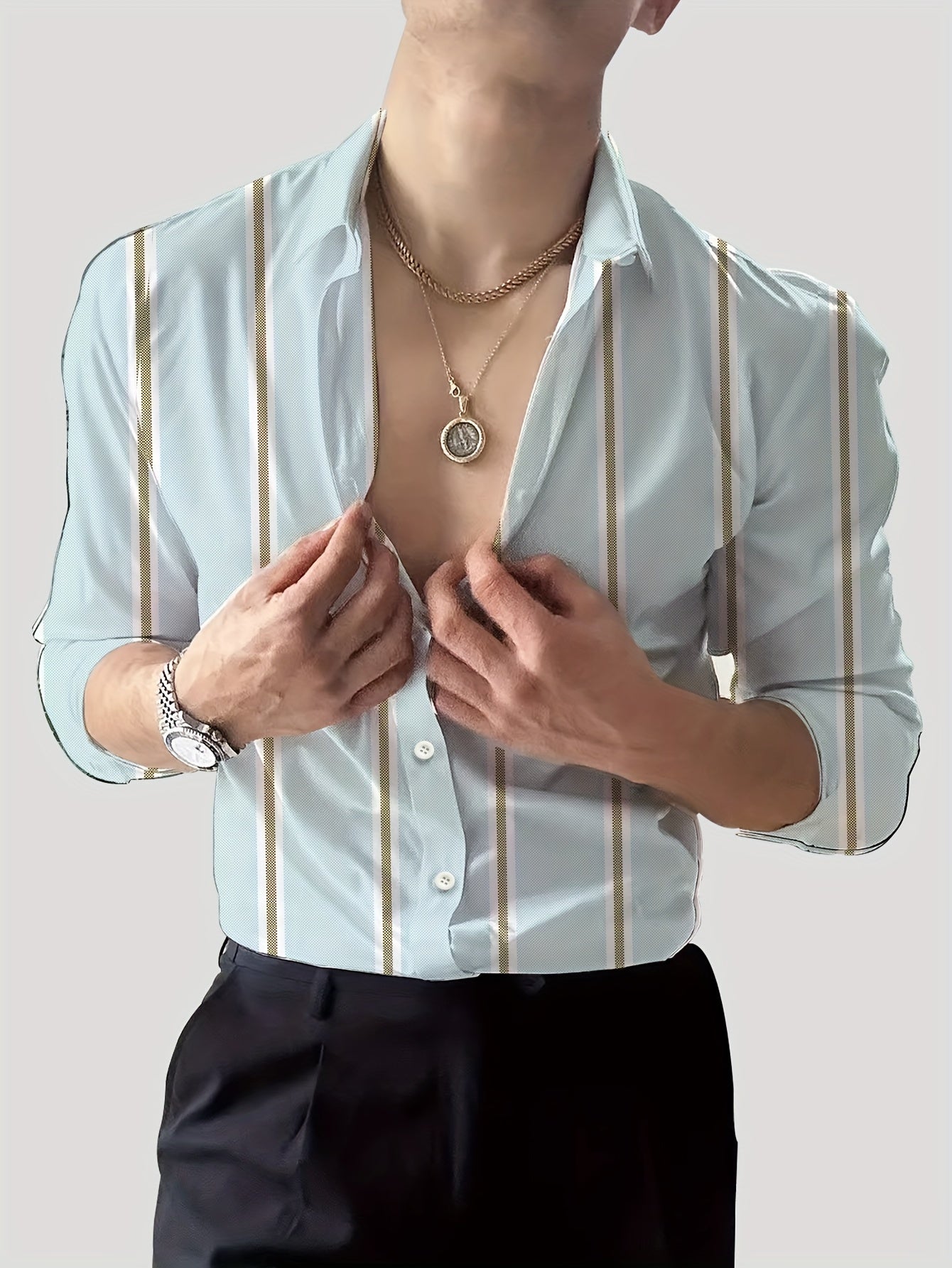 Men's Striped Lapel Collar Dress Shirts, Long Sleeve .