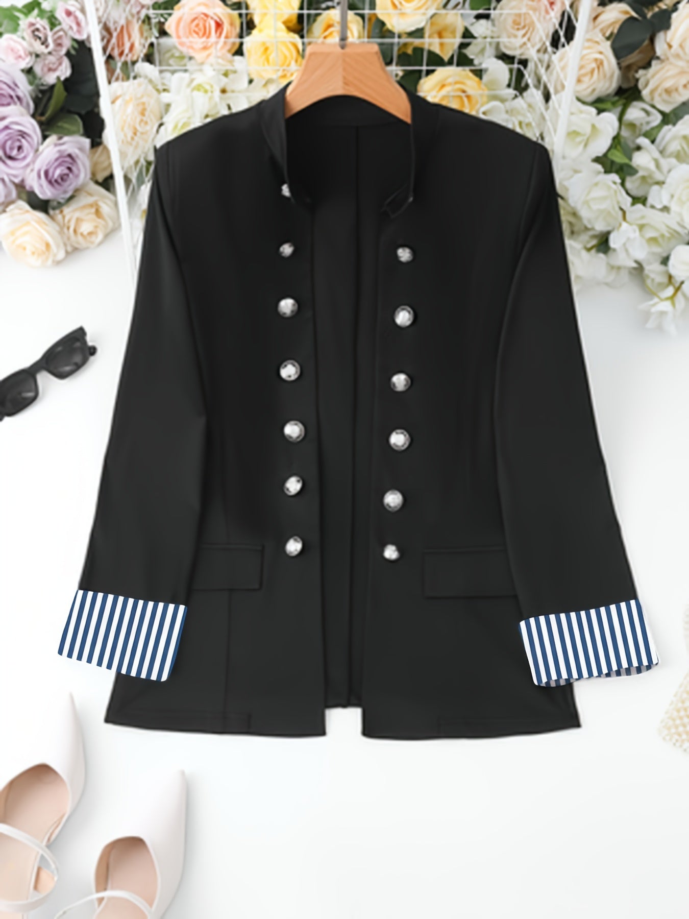 Striped Print Contrast Trim Blazer, Elegant Double Breasted Long Sleeve.