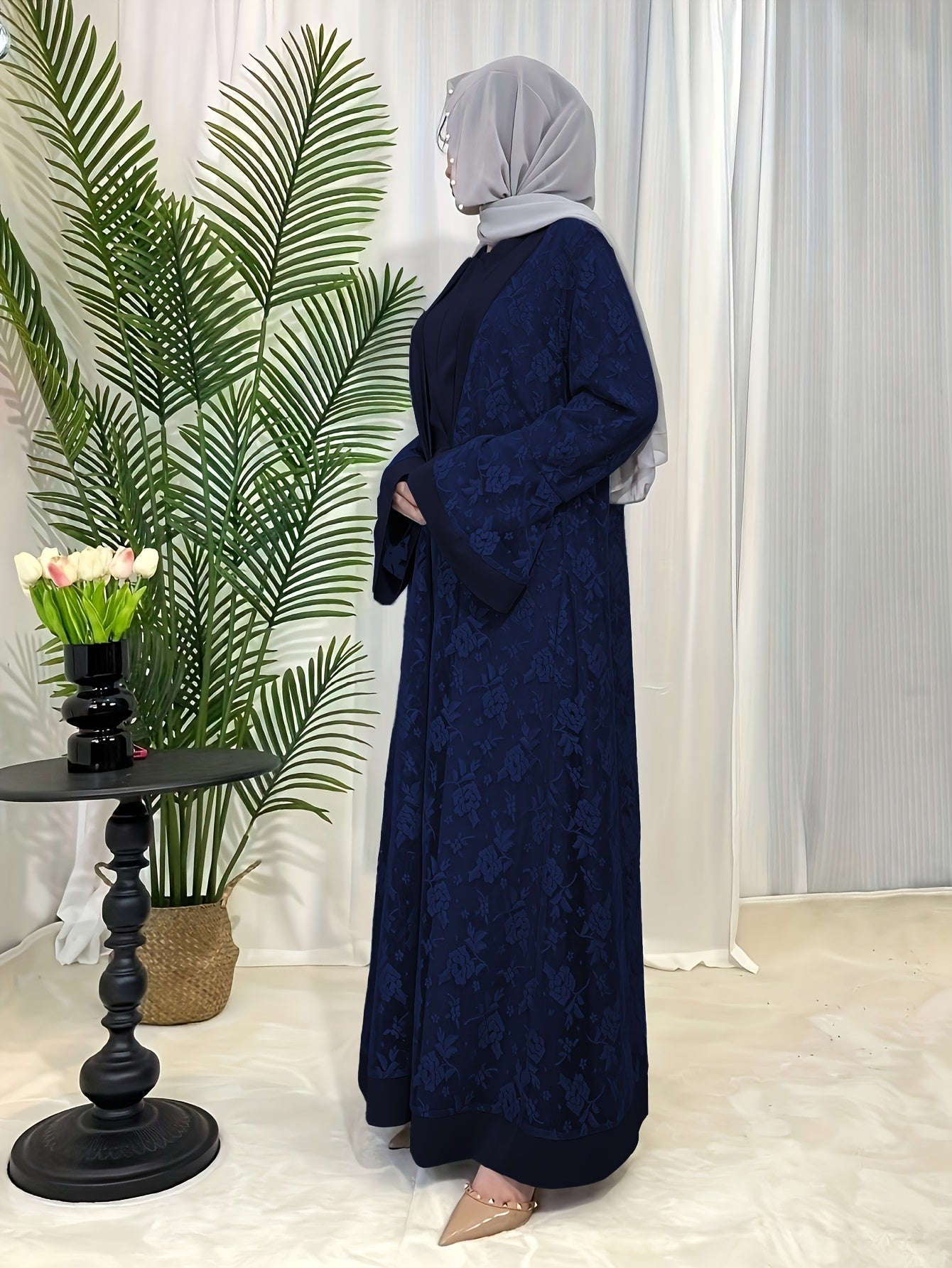 Cultural Grace, Elegant Light Blue Floral Abaya Set - /MH