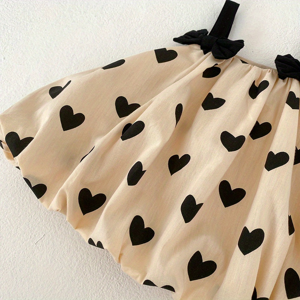 Baby Cotton Sleeveless Bowknot Decor Cami Top+Apricot Love Print Shorts 2pcs Set For Toddler Girls