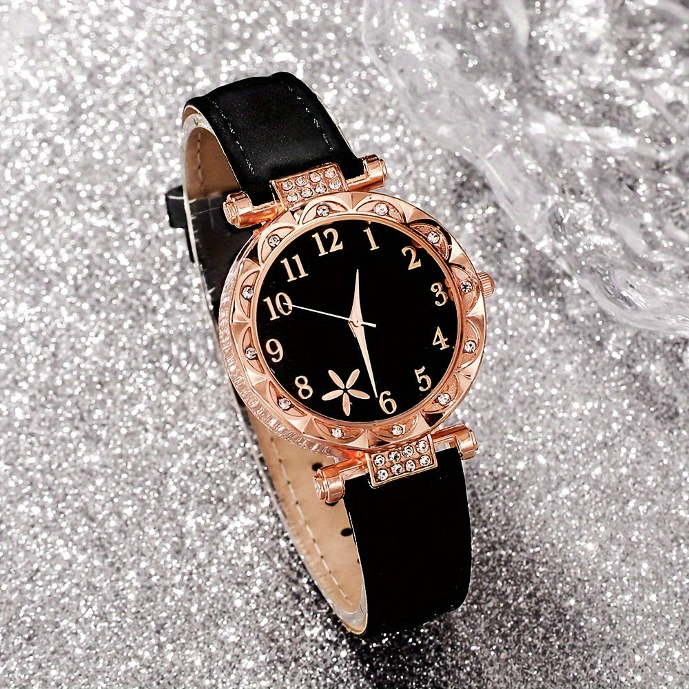 6pcs/set Elegant Flower Rhinestone Quartz Watch Analog PU Leather Wrist Watch & Bracelets, Valentine's Day Ramadan Gifts For Women Her