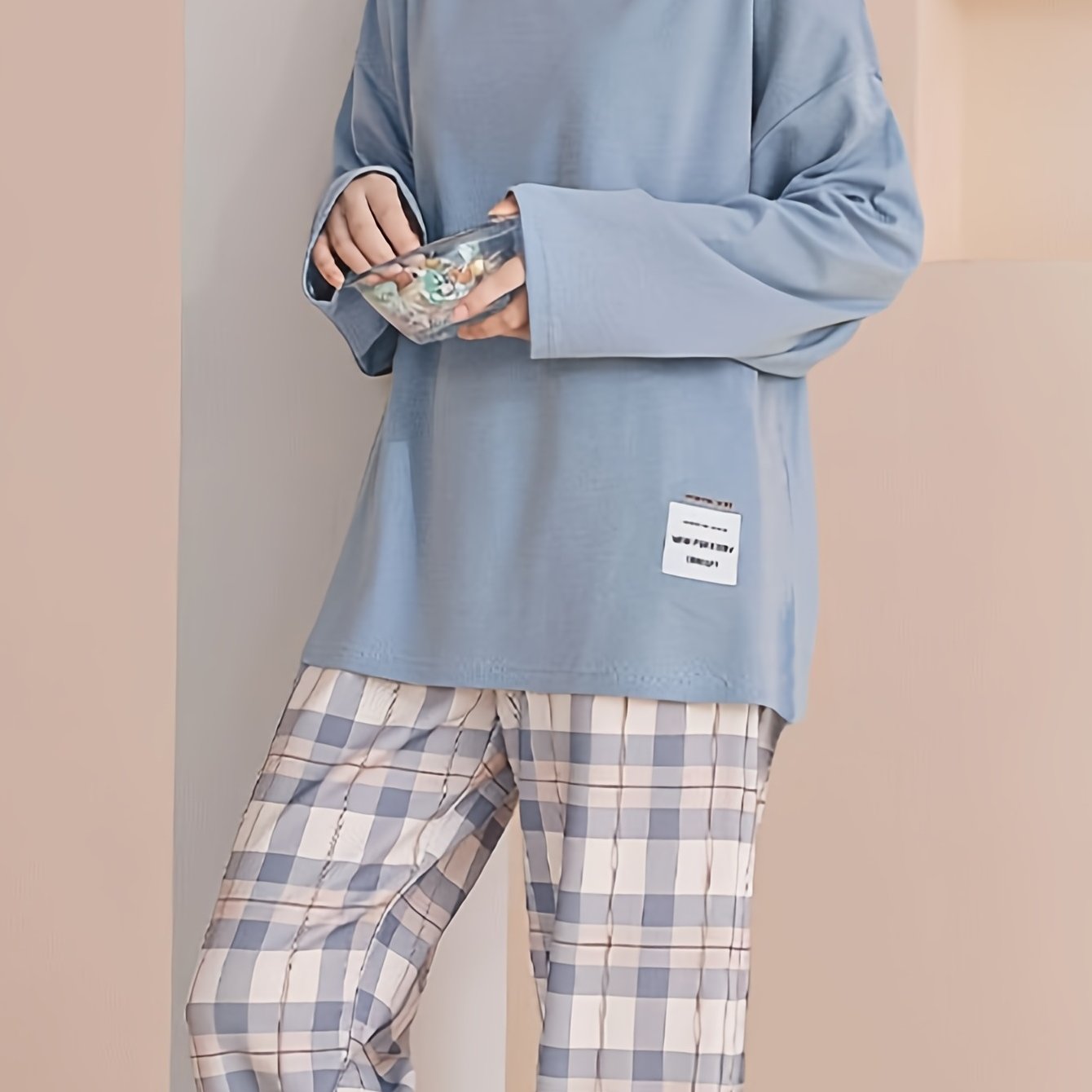 Plaid Print Crew Neck Pajamas Set,