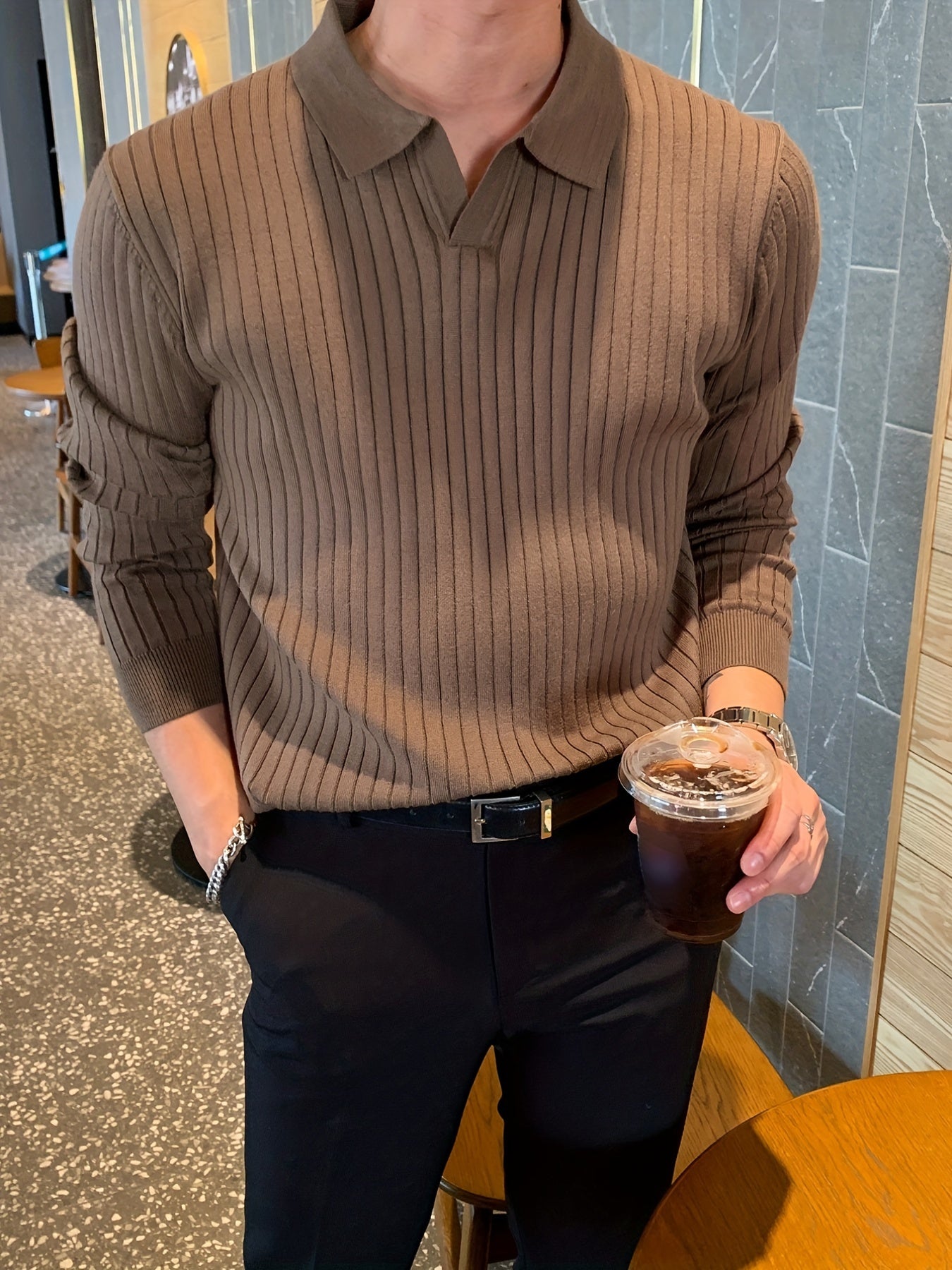 Chic Knit Shirt, Men's Casual Stylish Lapel Middle Stretch V-Neck .