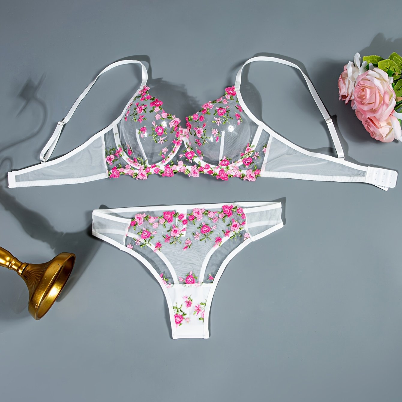 1 Set Floral Embroidery Lingerie Set, Mesh Semi Sheer Bra & Panties,/MH